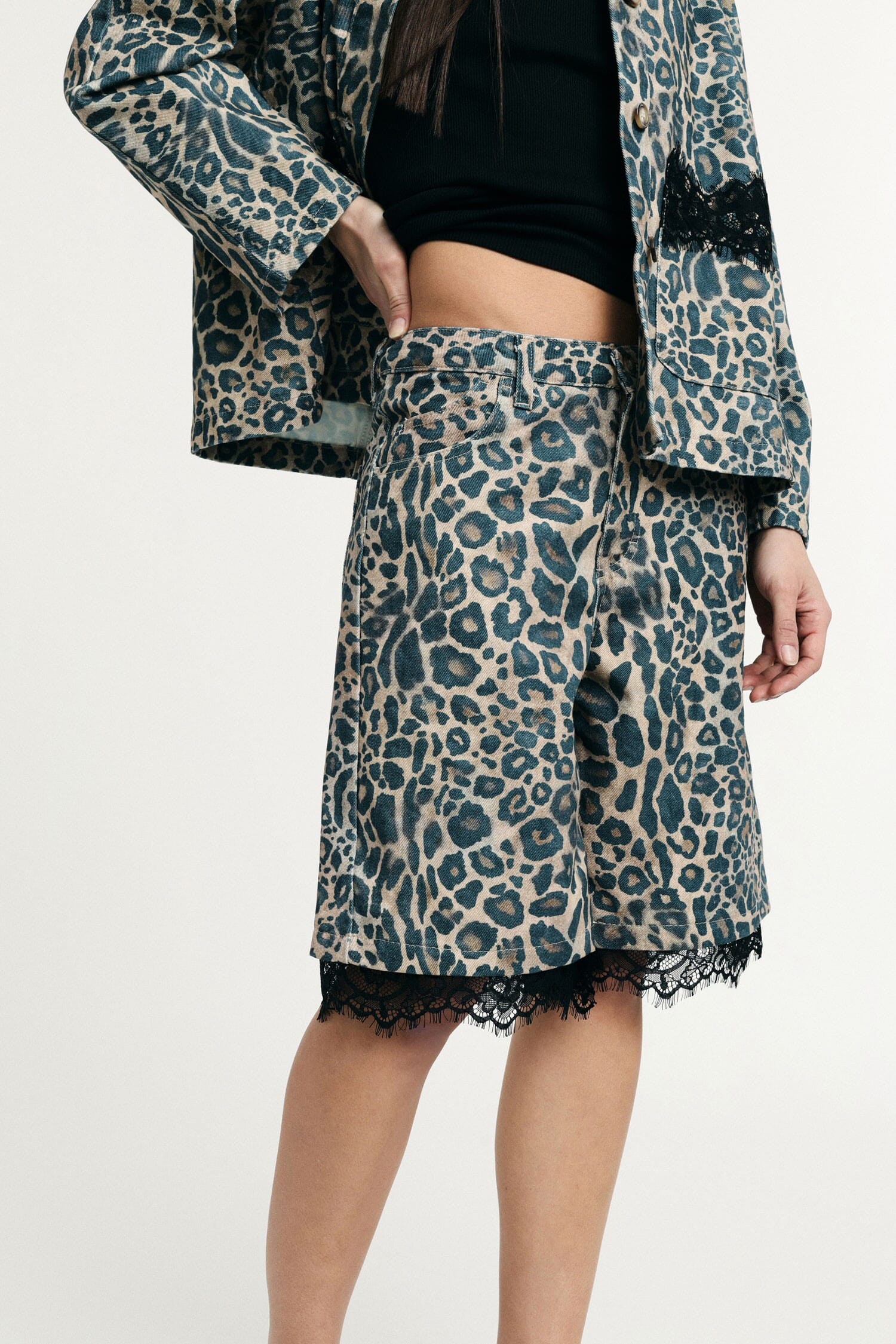 Animal Print Bermuda Shorts With Lace Trim Please