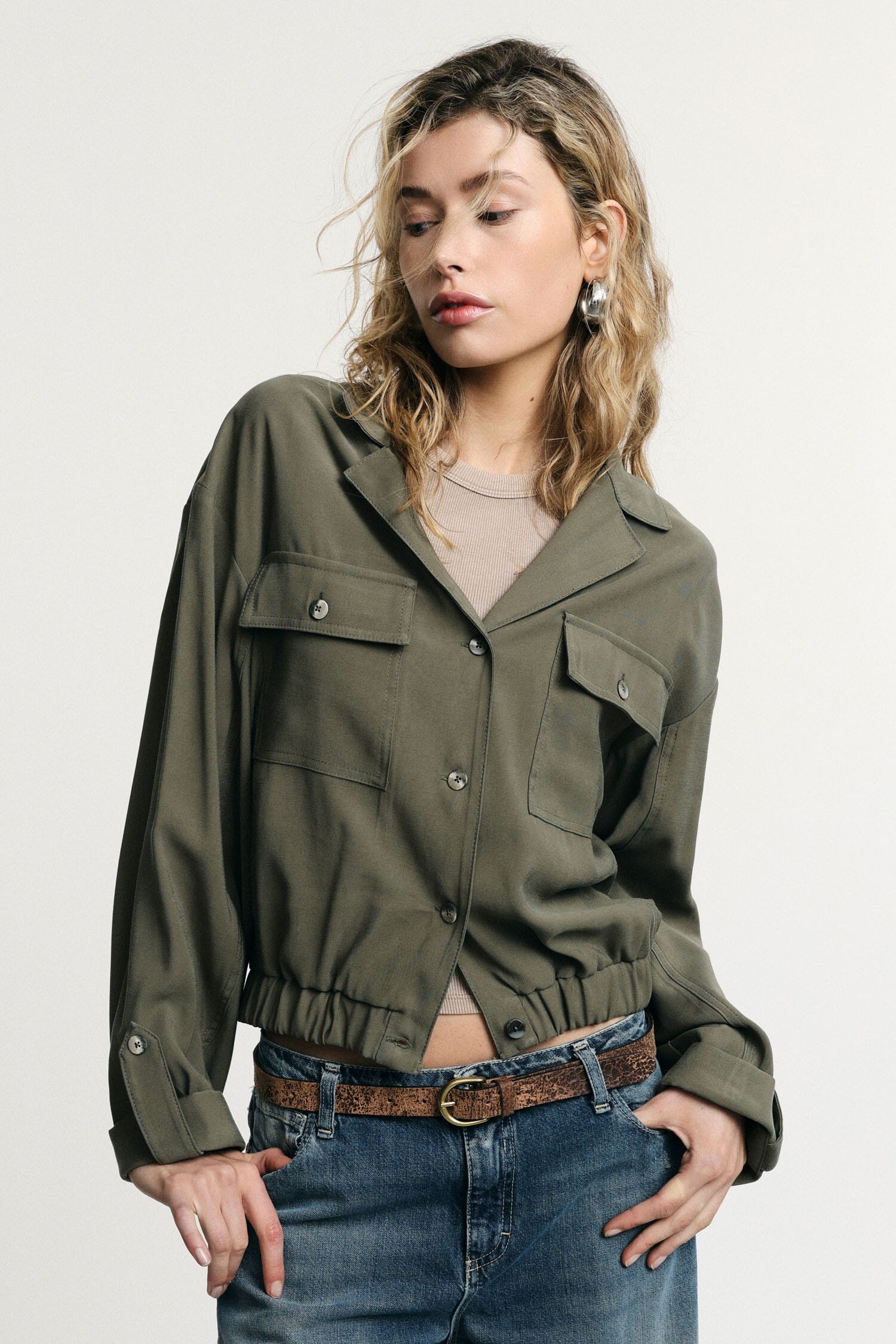 Cropped Shirt With Front Pockets And Button Closure Please