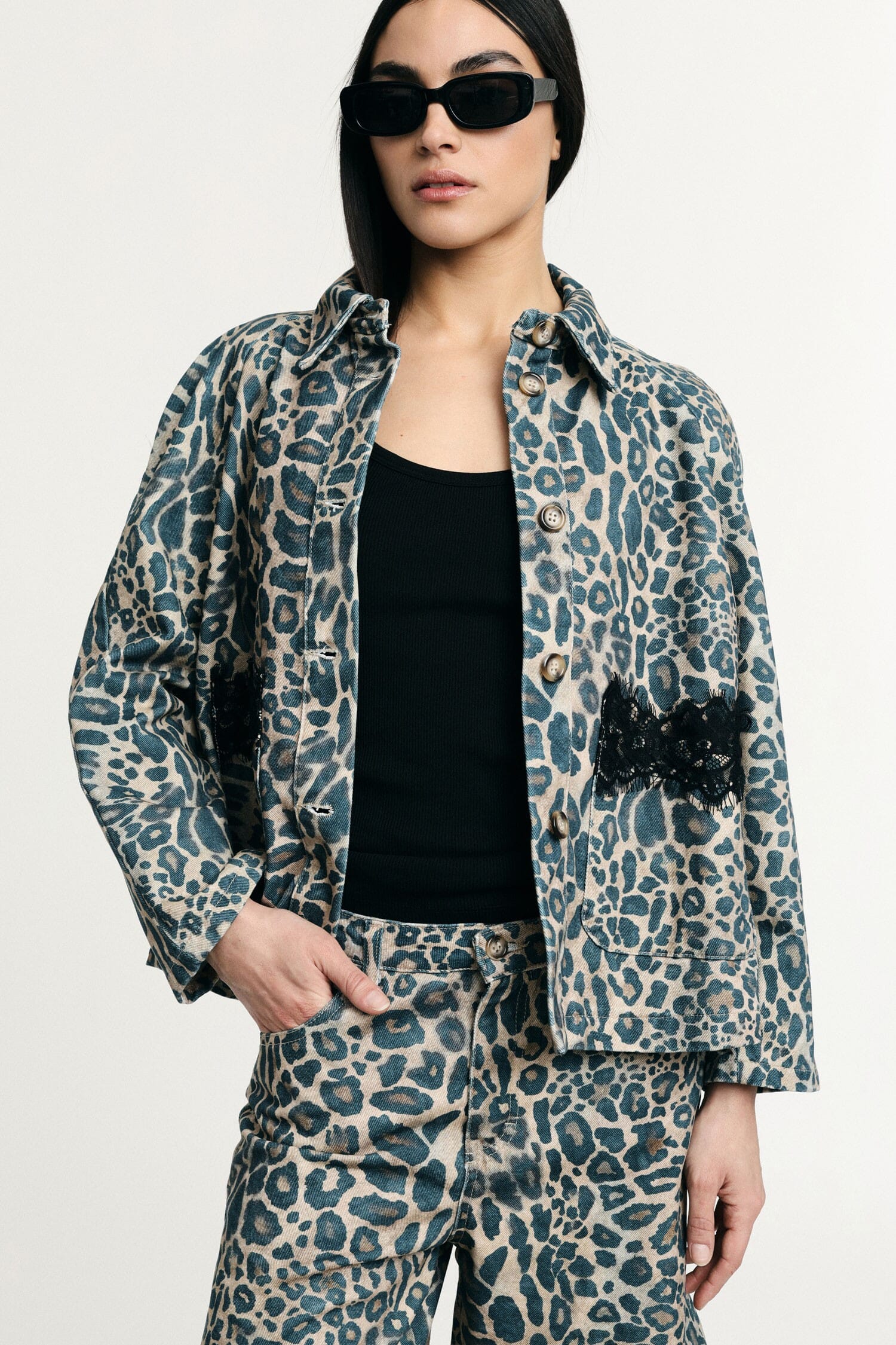 Animal Print Denim Jacket With Front Pockets Please