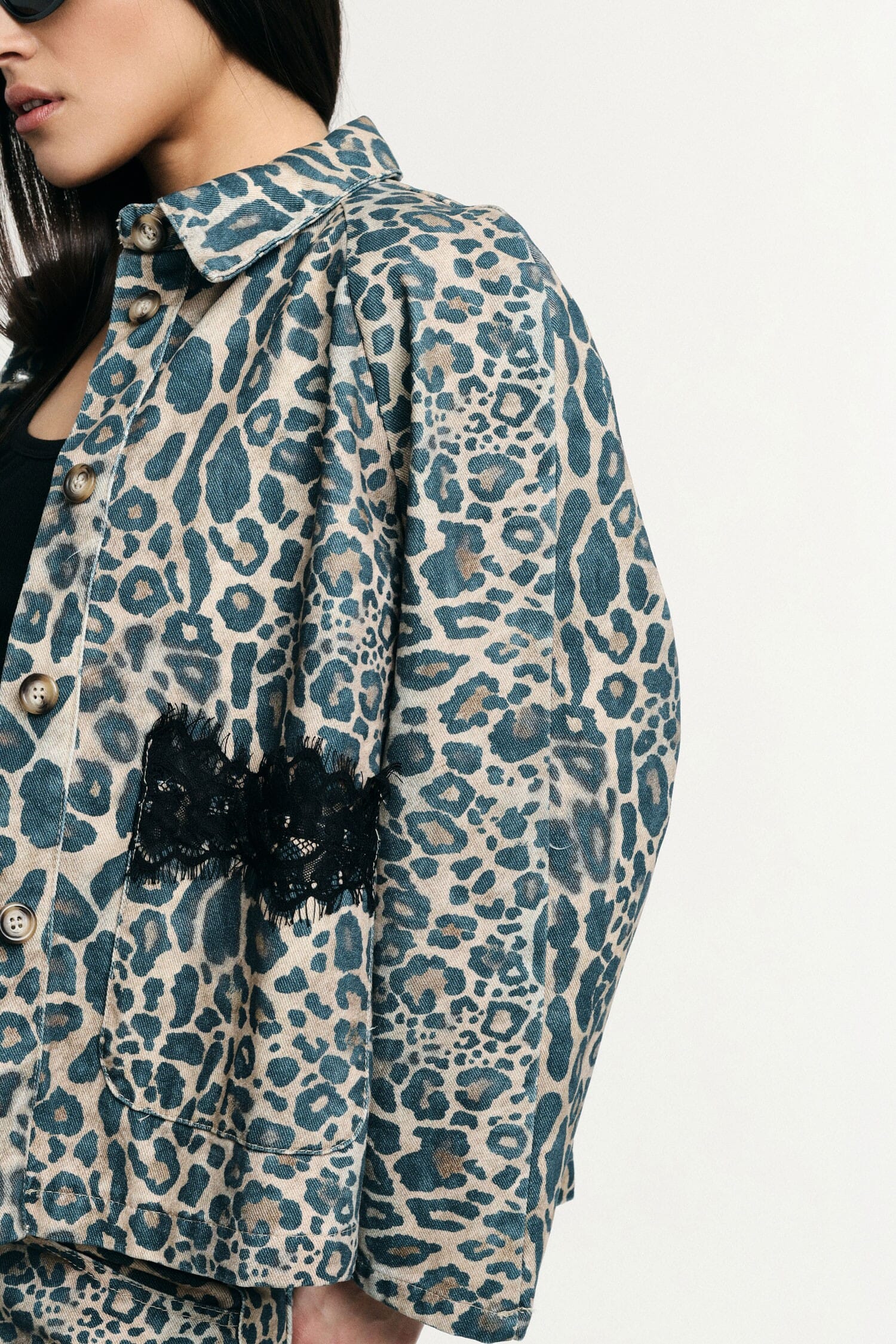 Animal Print Denim Jacket With Front Pockets Please