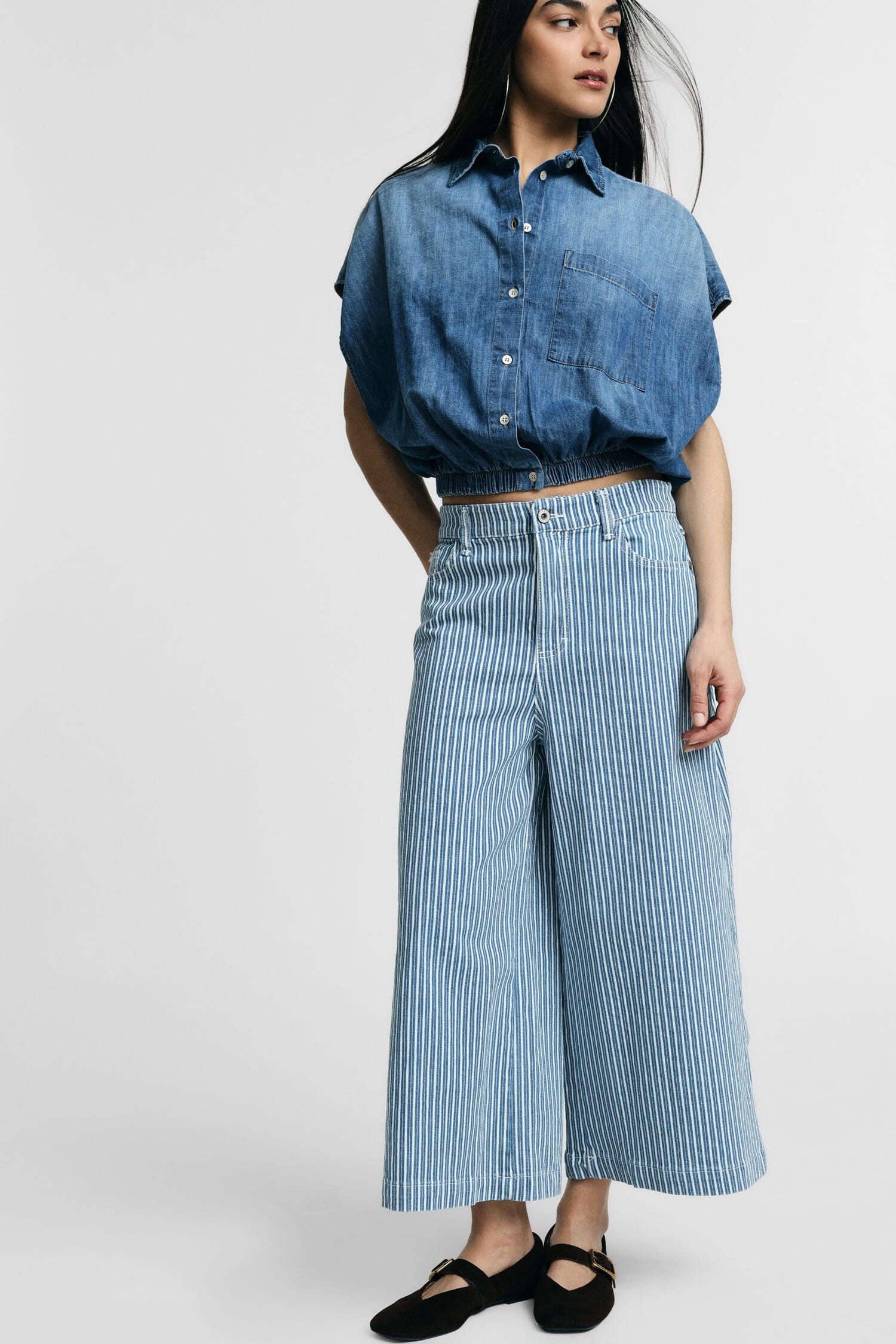 Cropped Wide Leg Striped Jeans Please