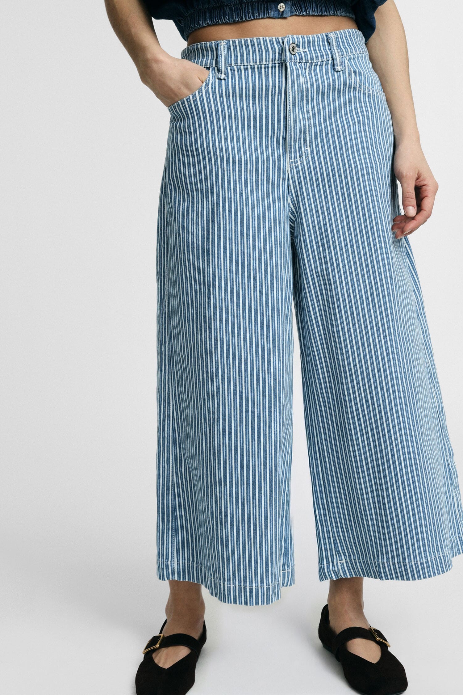 Cropped Wide Leg Striped Jeans Please