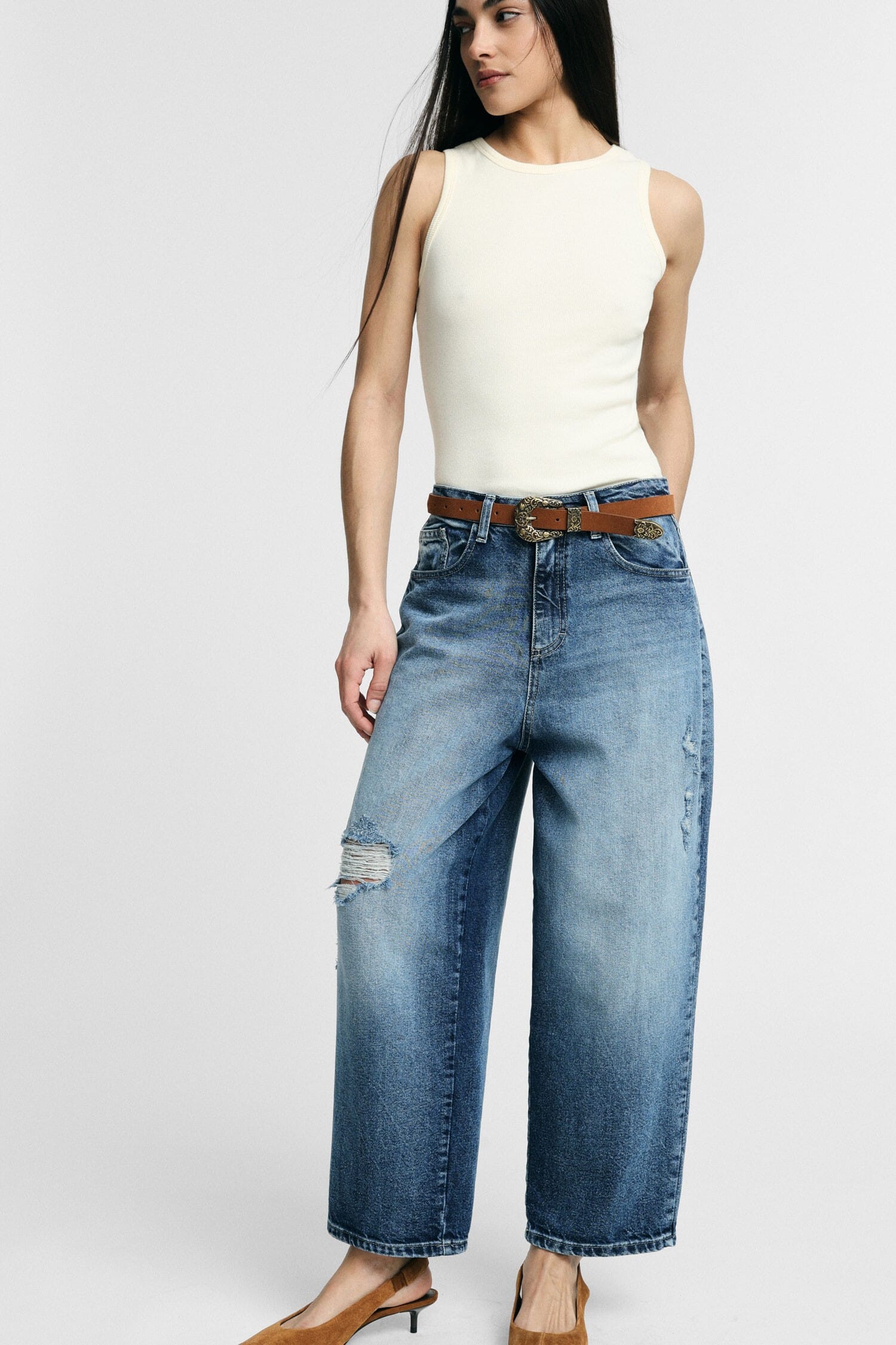 Wide Leg Jeans With Distressed Details Please