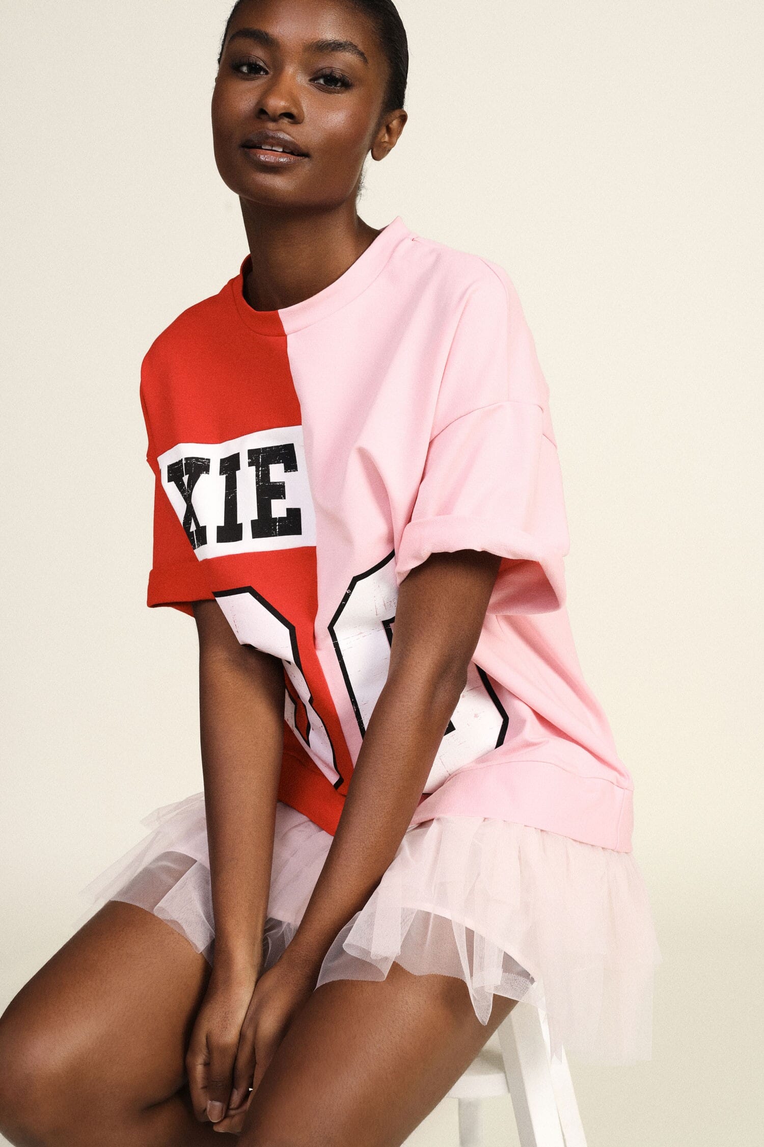 Short Dress With Tulle And Colorblock Print Dixie