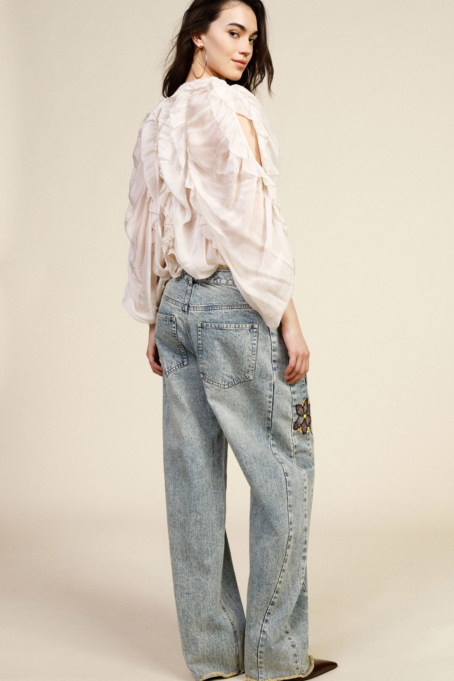 Jeans Wide Leg Ricami Floreali Vita Alta Dixie
