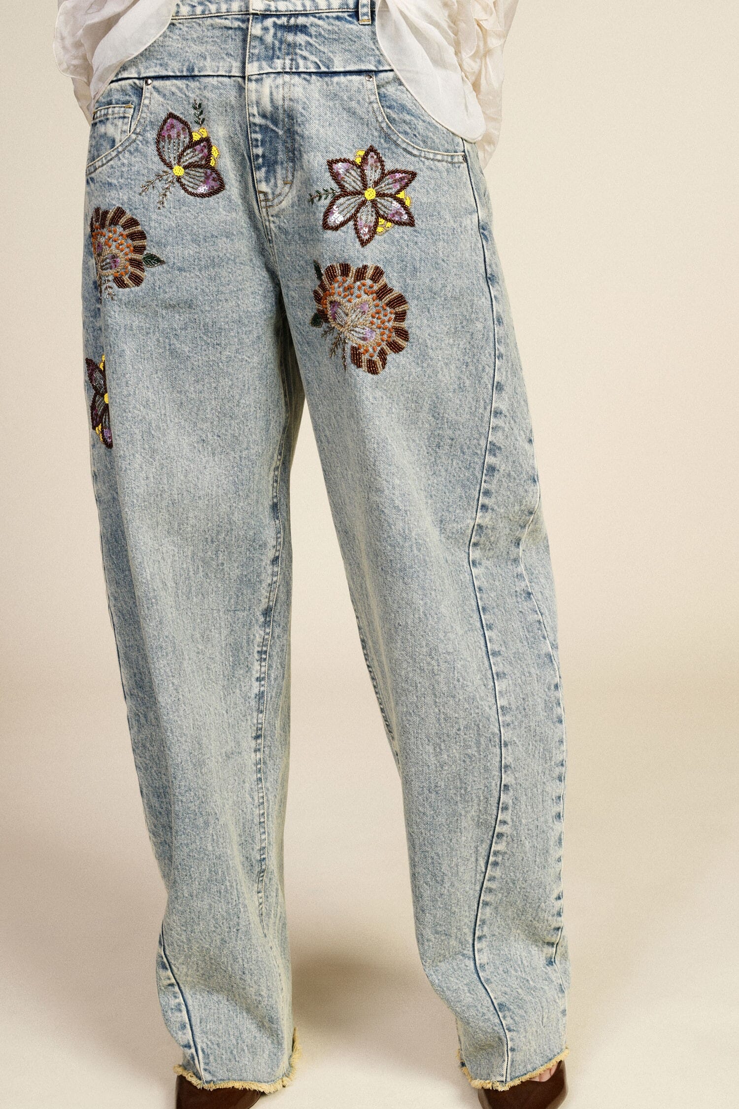 Jeans Wide Leg Ricami Floreali Vita Alta Dixie