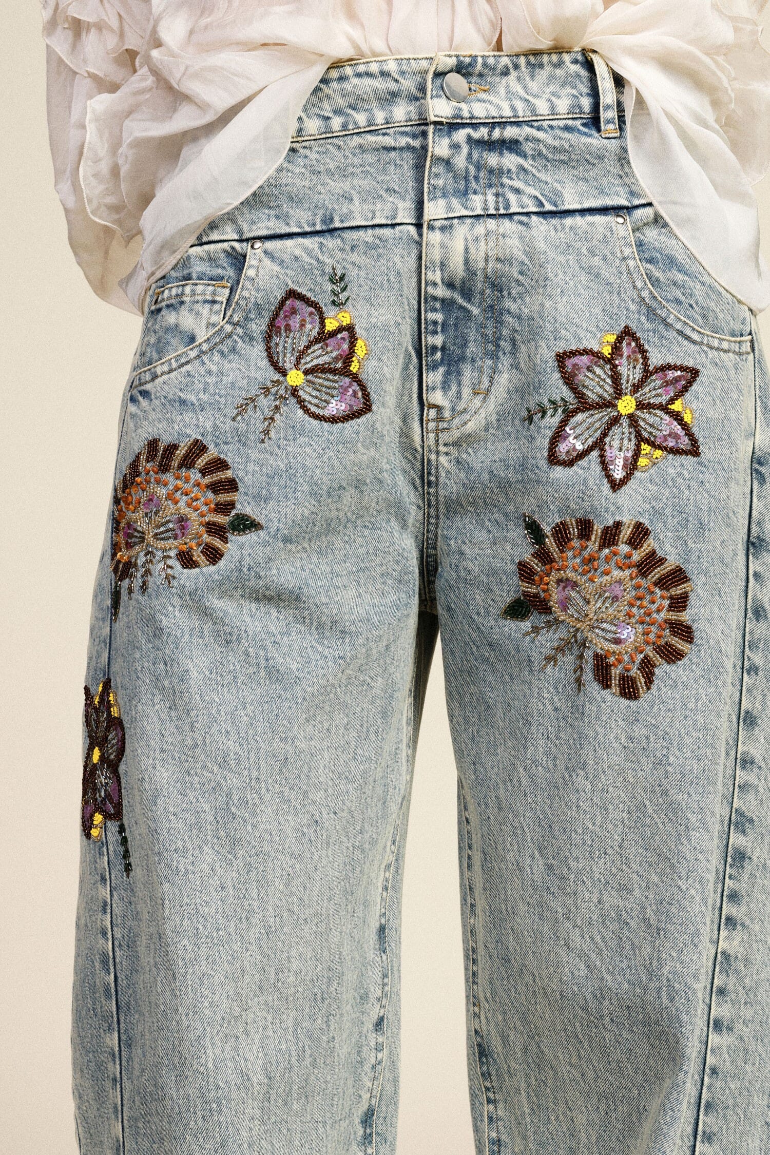 Jeans Wide Leg Ricami Floreali Vita Alta Dixie