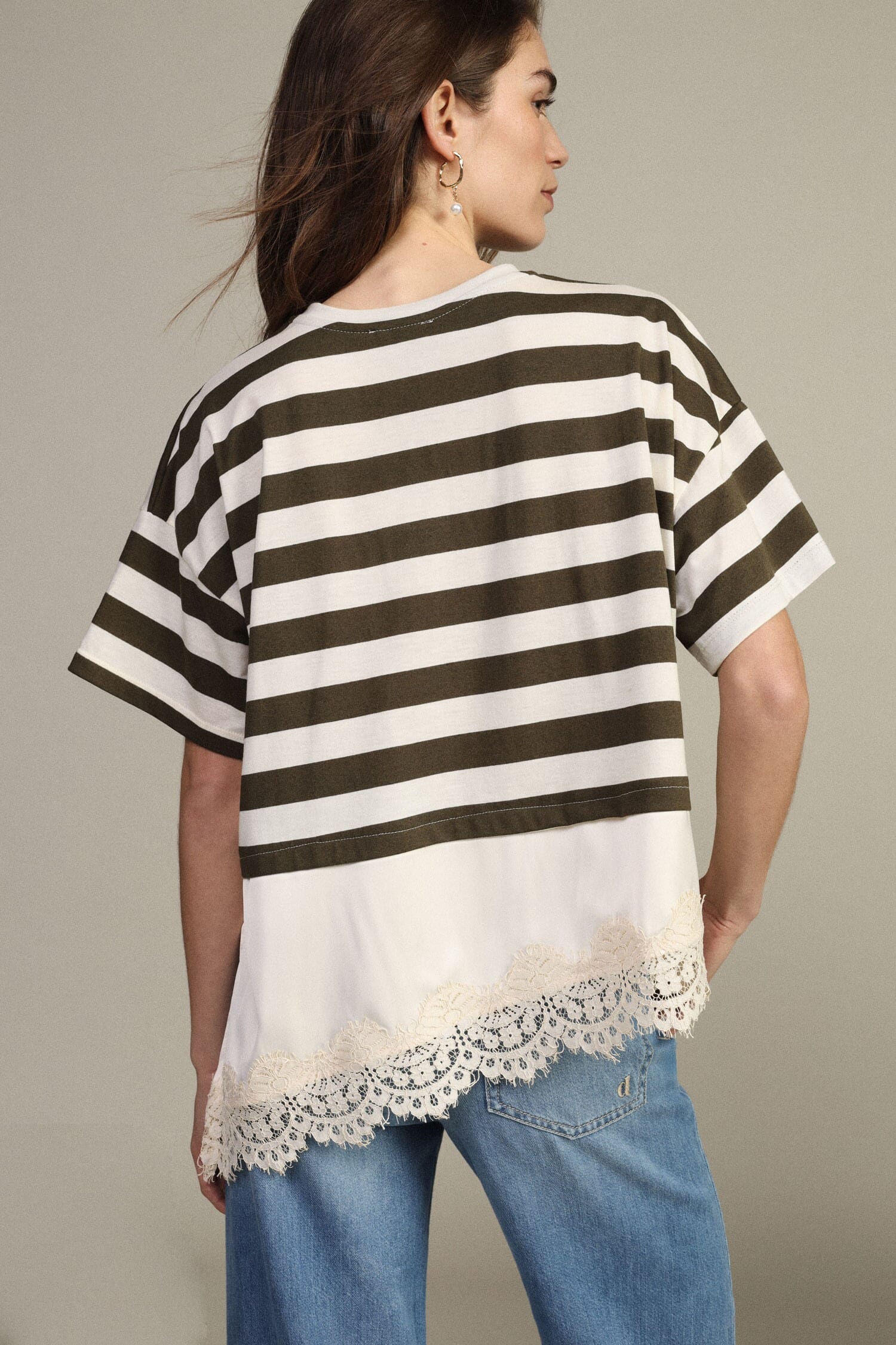 Dixie Striped T-Shirt With Asymmetrical Lace Insert