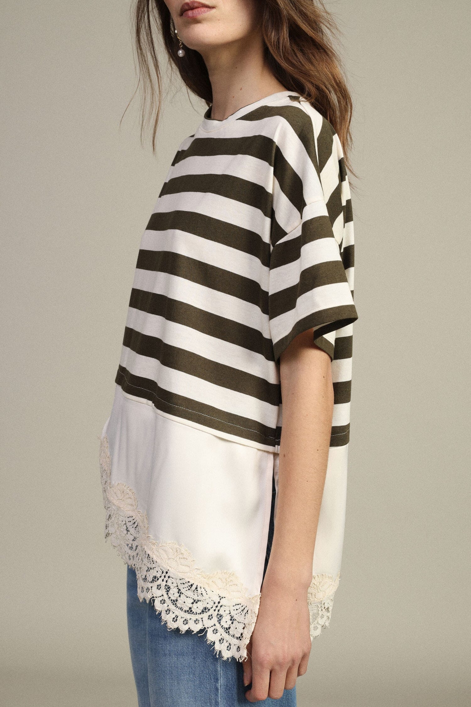Dixie Striped T-Shirt With Asymmetrical Lace Insert