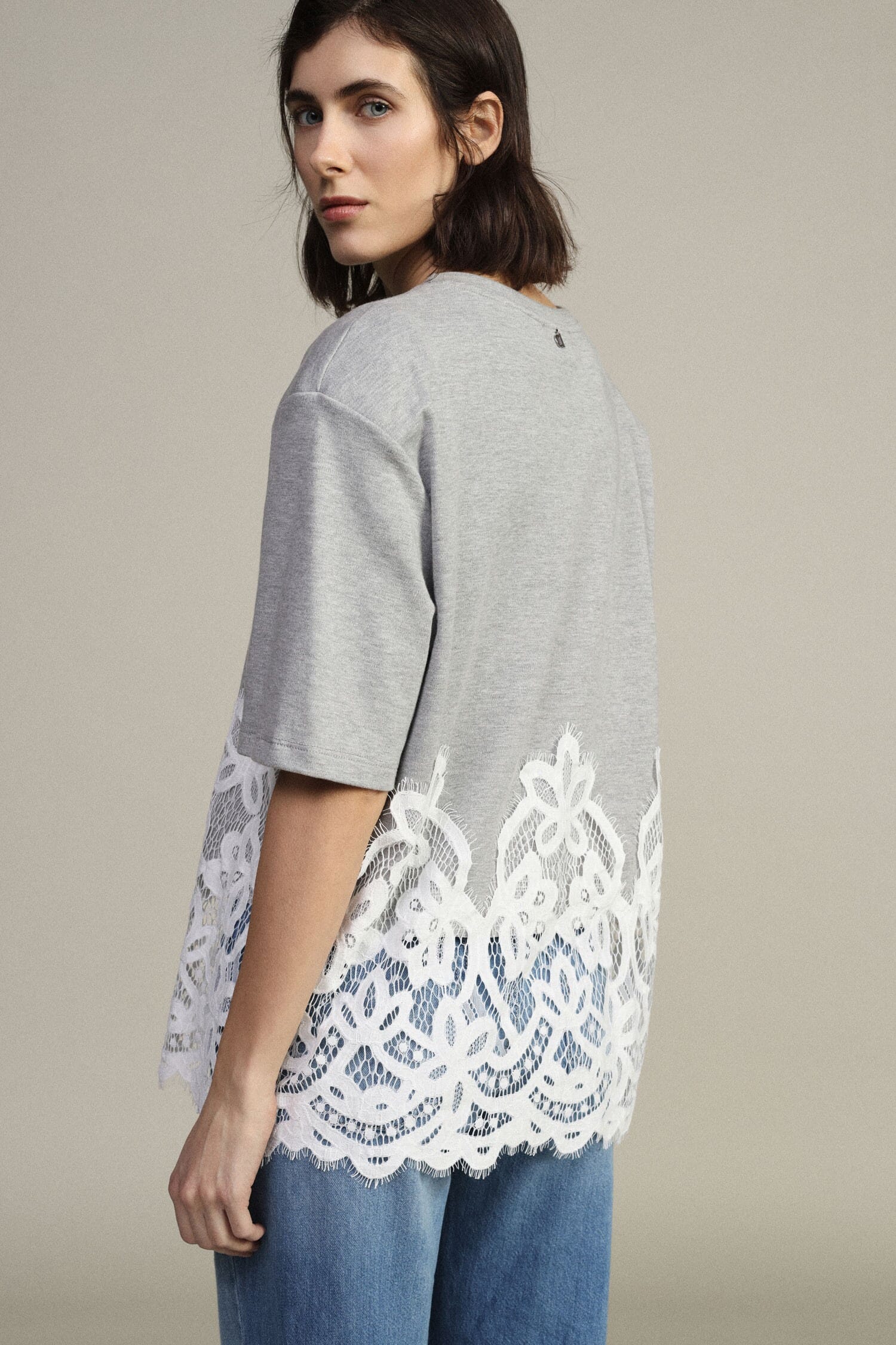 Short-sleeved T-Shirt With Print And Lace Insert Dixie