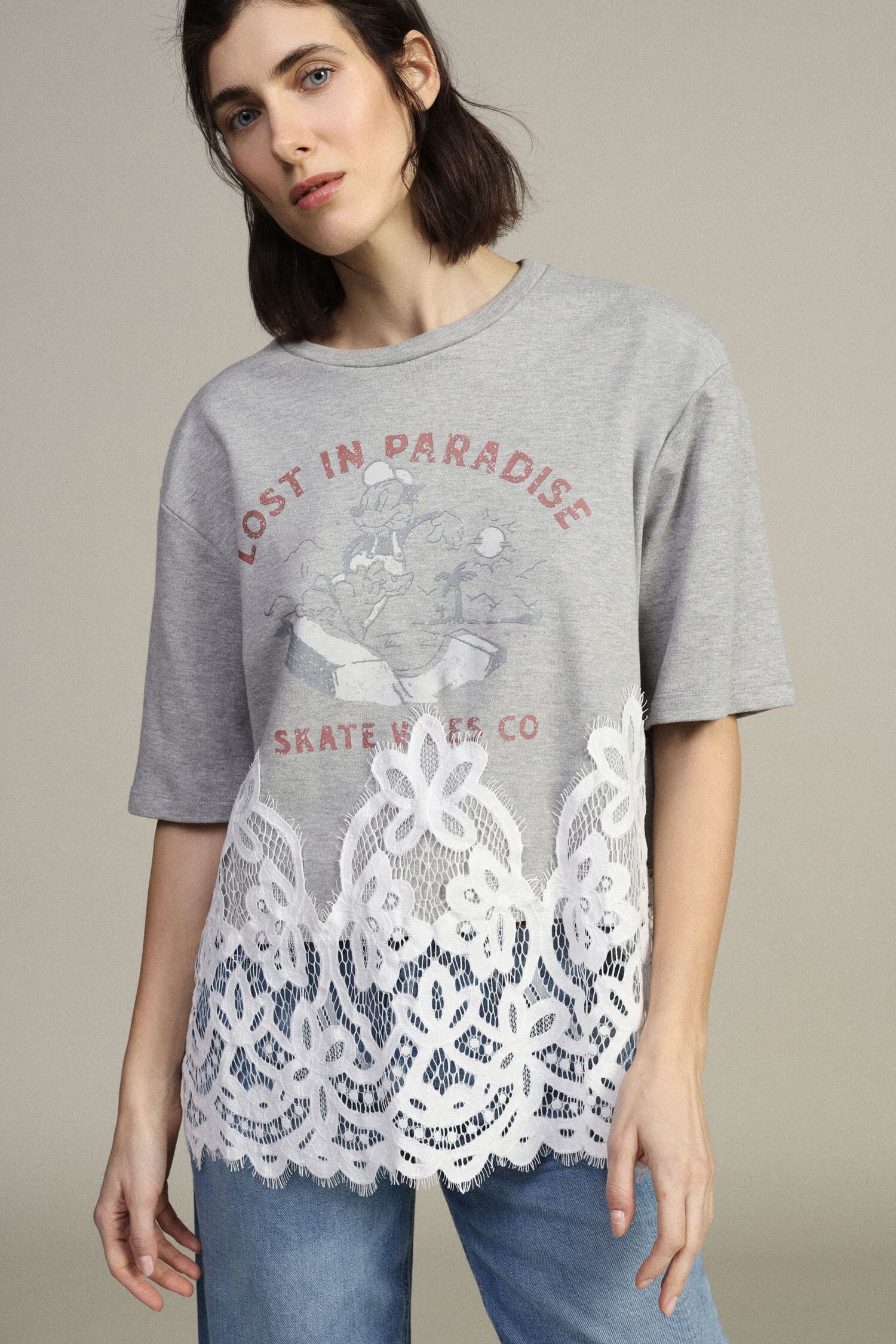 Short-sleeved T-Shirt With Print And Lace Insert Dixie