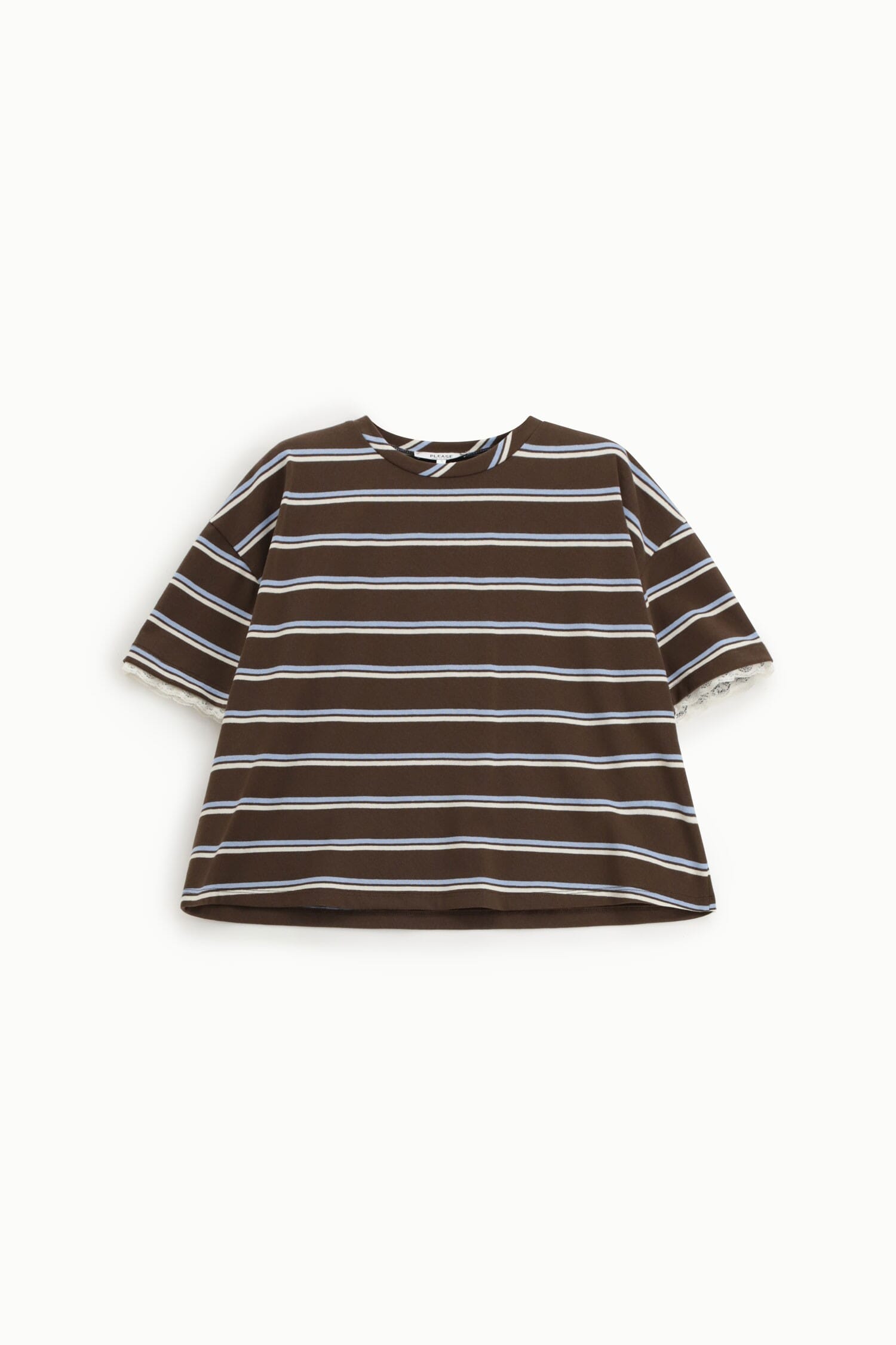 Wide Striped T-Shirt With Lace Trim Please Sleeves