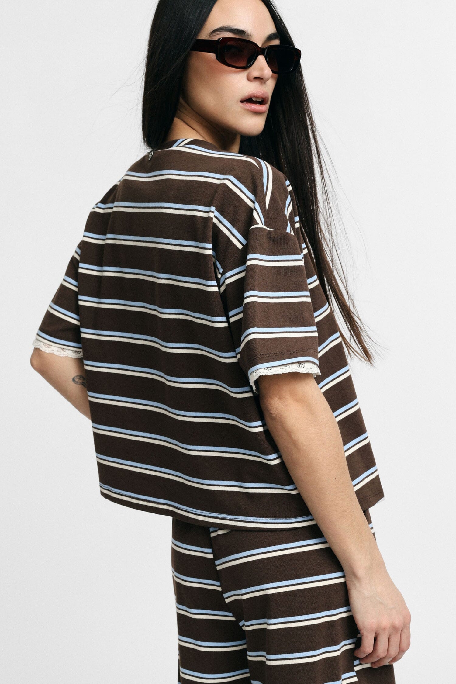 Wide Striped T-Shirt With Lace Trim Please Sleeves