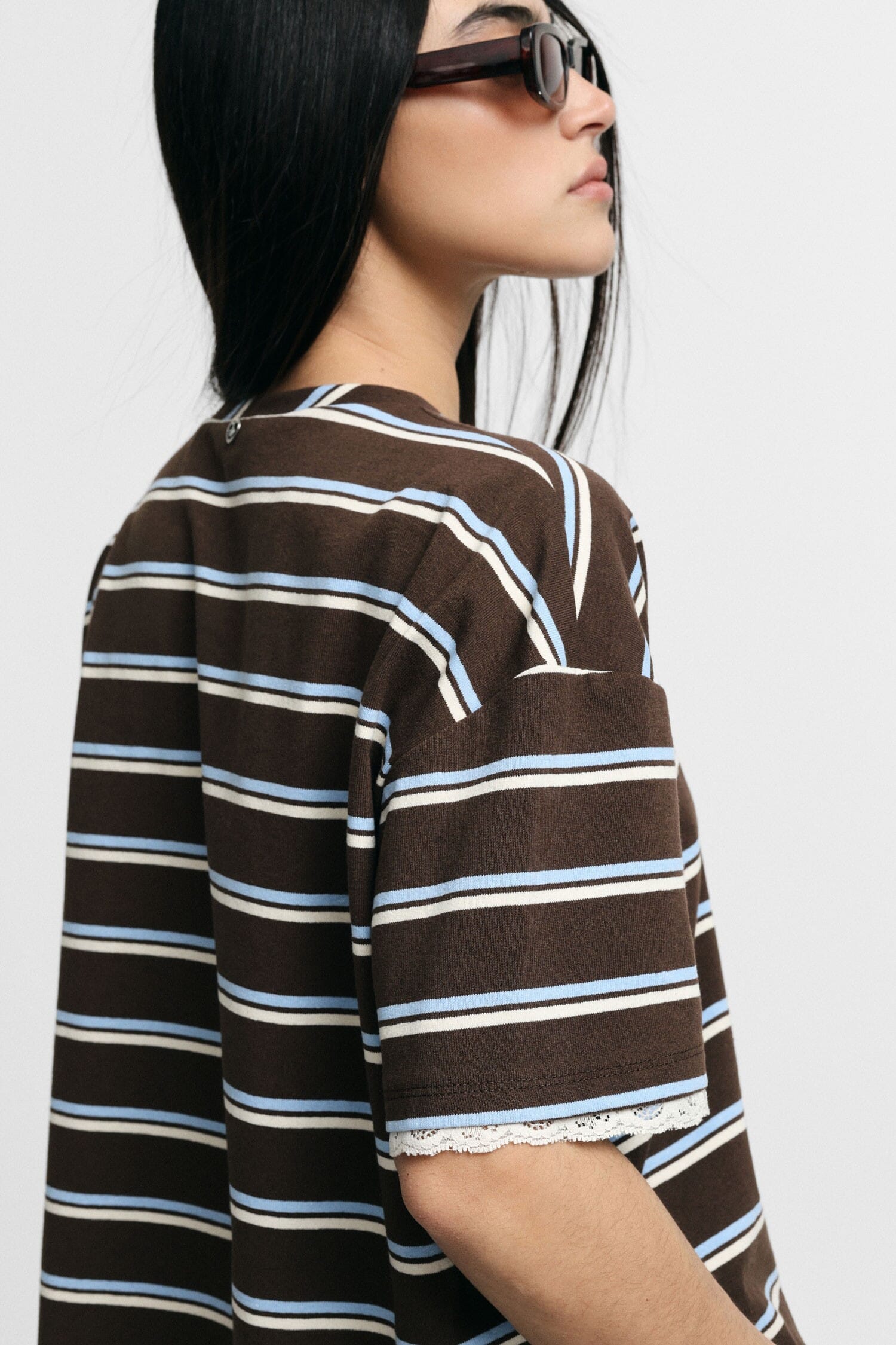 Wide Striped T-Shirt With Lace Trim Please Sleeves
