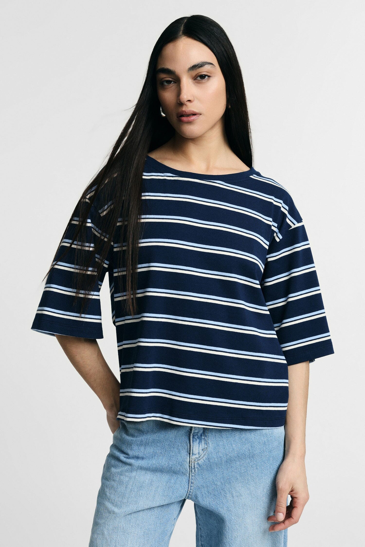 Boxy Fit Crew Neck Striped T-Shirt Please