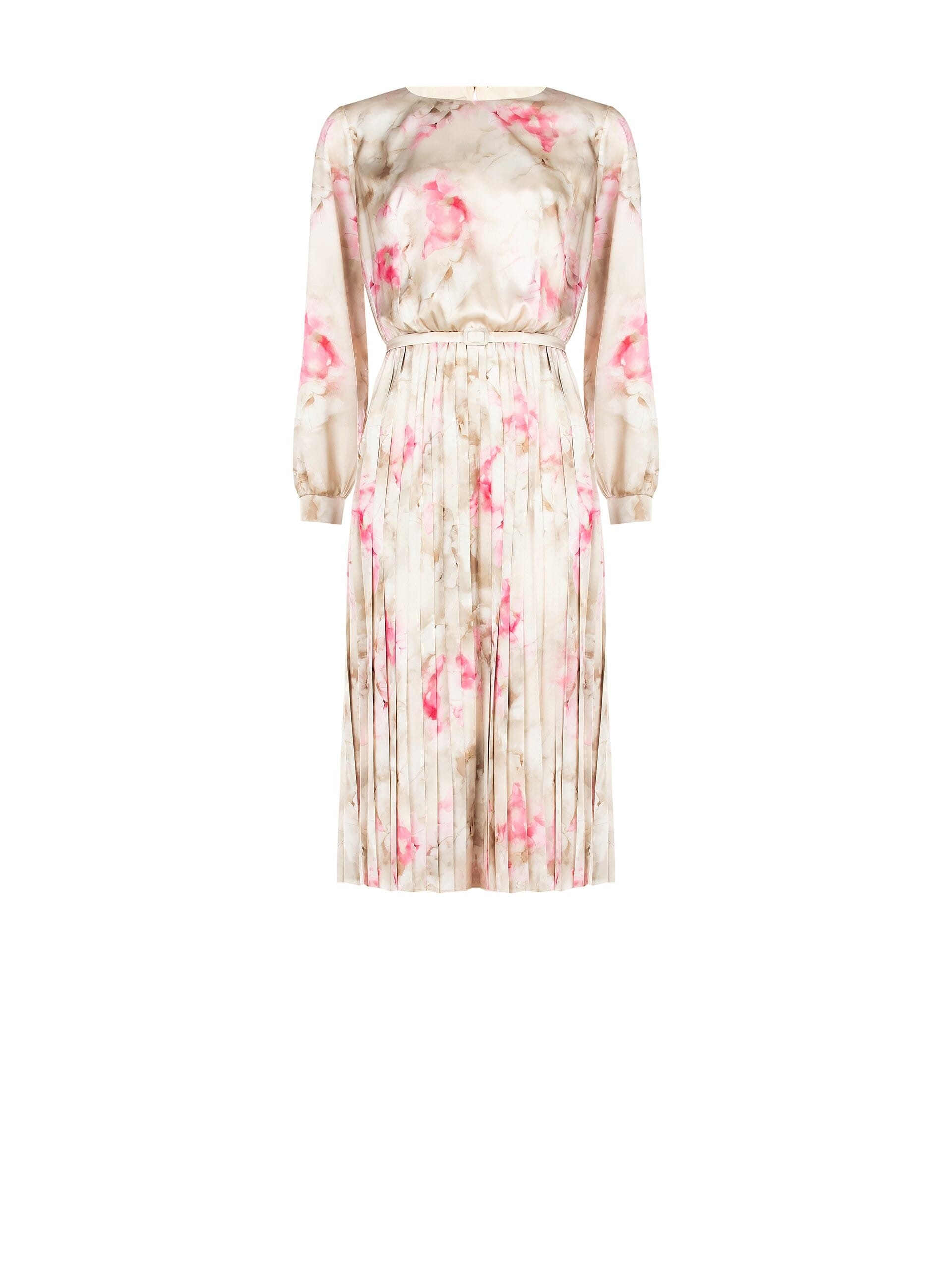 Abito Midi In Raso A Fiori Sfumati Con Gonna Plissé E Cintura Coordinata Rinascimento