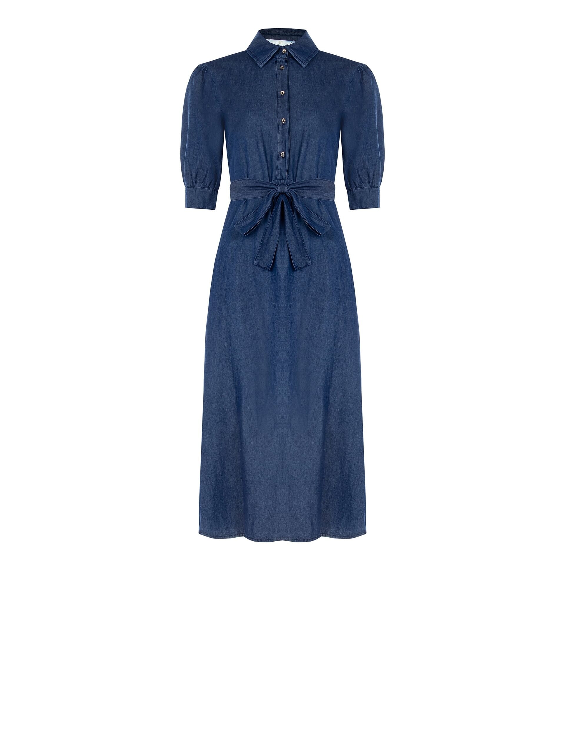 Lightweight Denim Chemisier Midi Dress With 3/4 Length Sleeves And Coordinated Belt Rinascimento