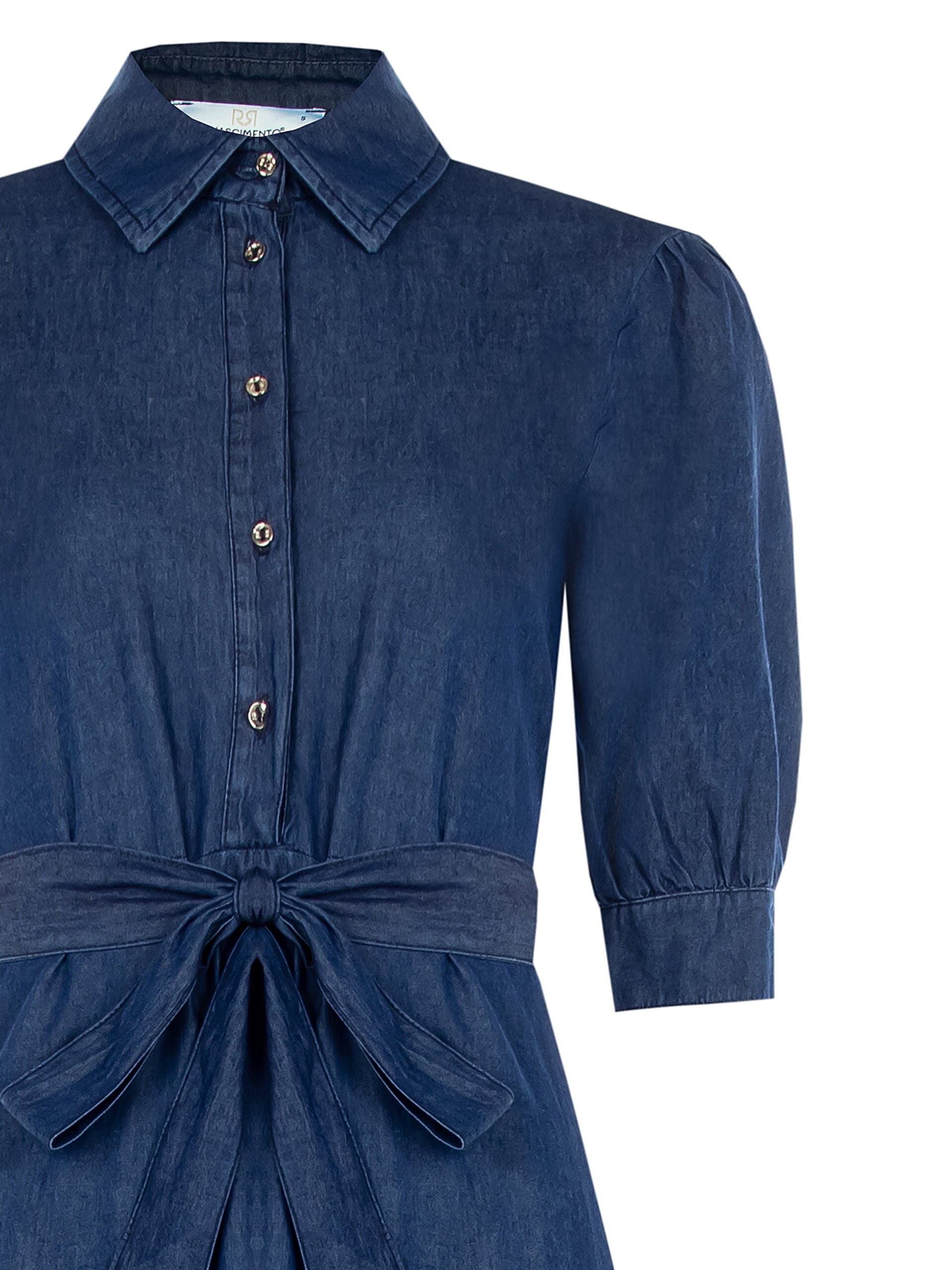 Lightweight Denim Chemisier Midi Dress With 3/4 Length Sleeves And Coordinated Belt Rinascimento