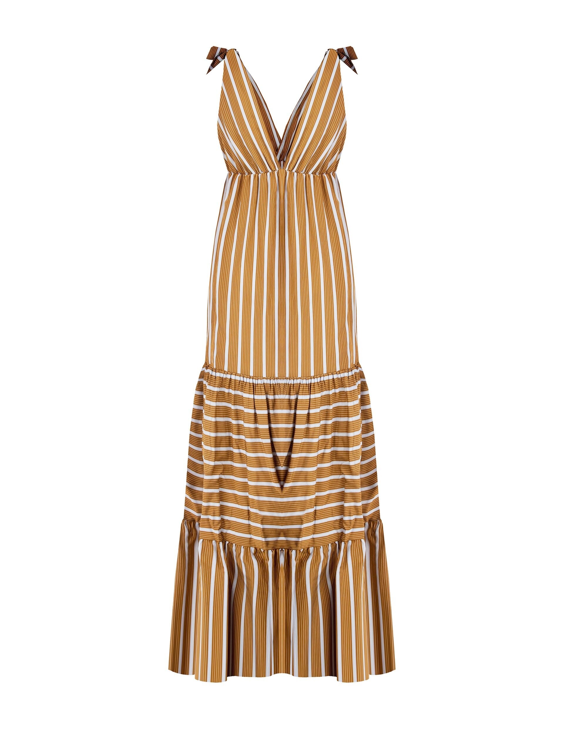 Abito Lungo A Balze A Righe In Misto Viscosa Con Doppio Scollo A V Rinascimento