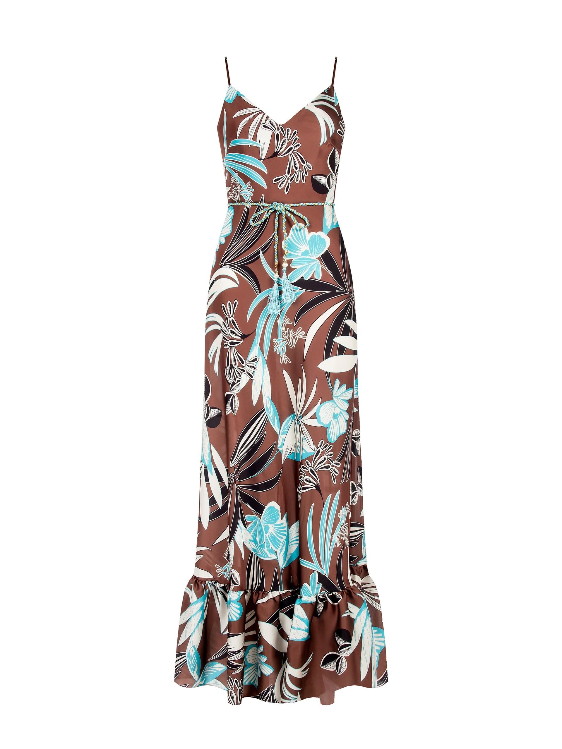 Flower Satin Maxi Dress With Ruffle Bottom And Rope Belt Matching Rinascimento