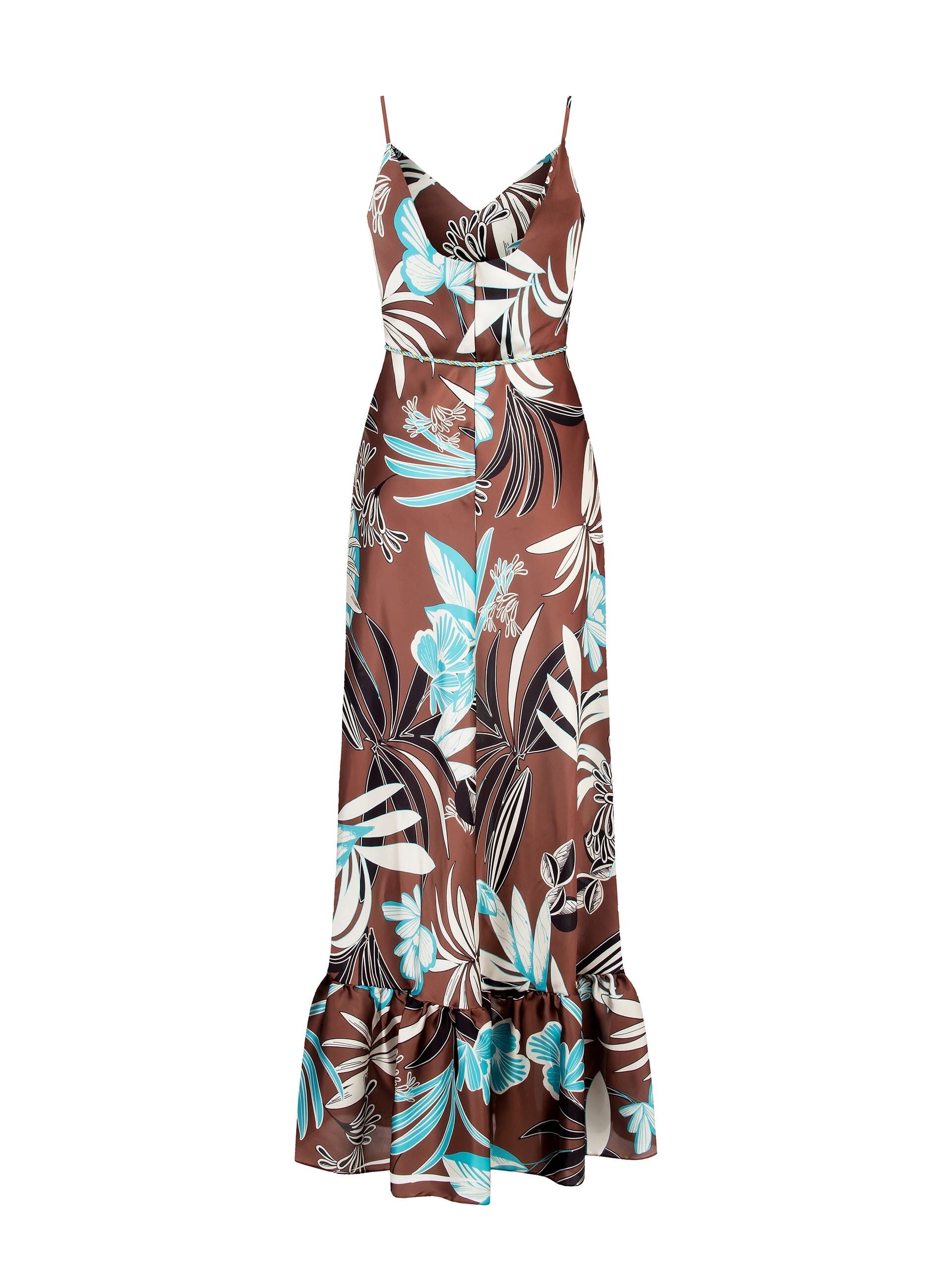 Flower Satin Maxi Dress With Ruffle Bottom And Rope Belt Matching Rinascimento