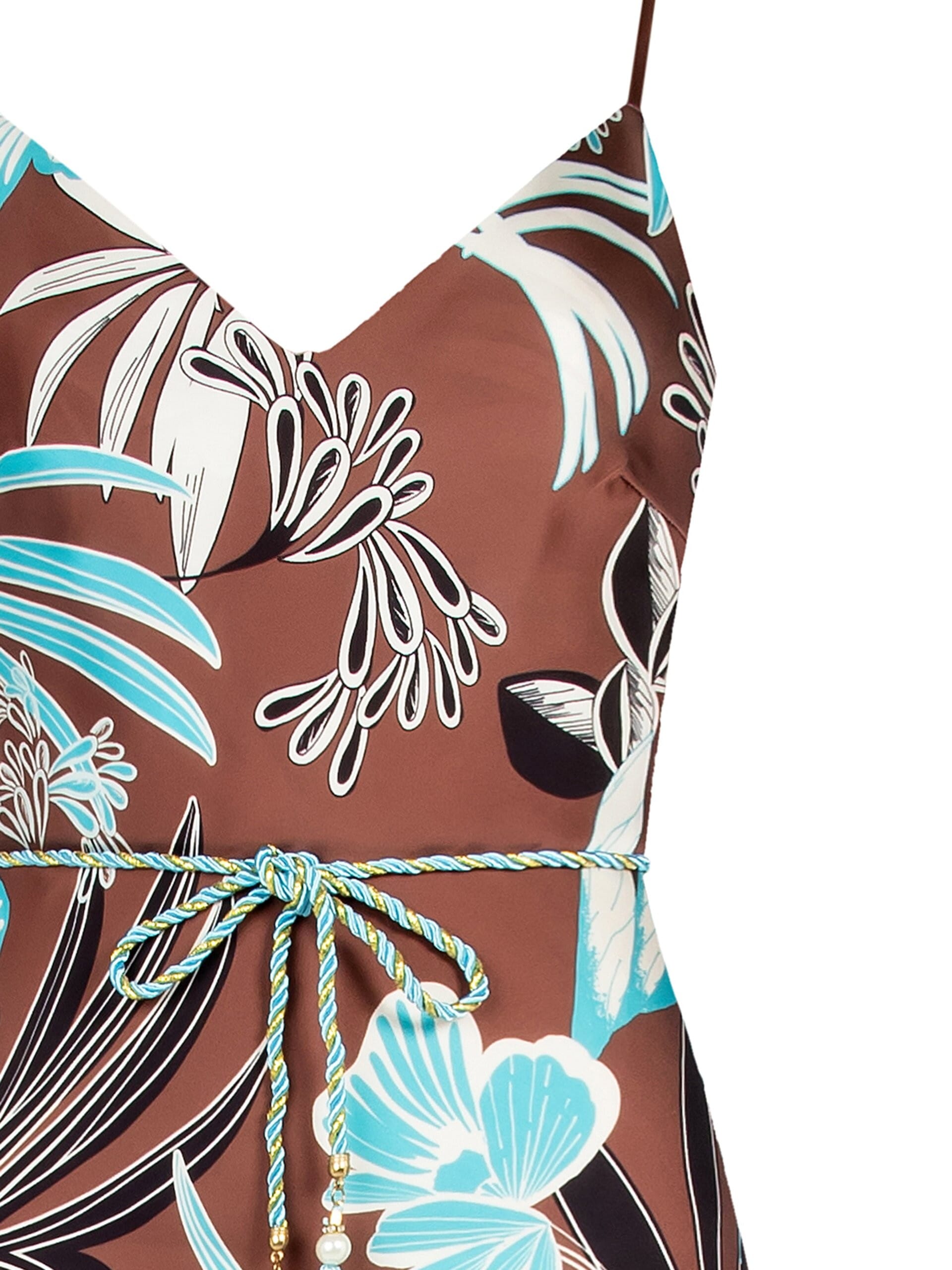 Flower Satin Maxi Dress With Ruffle Bottom And Rope Belt Matching Rinascimento