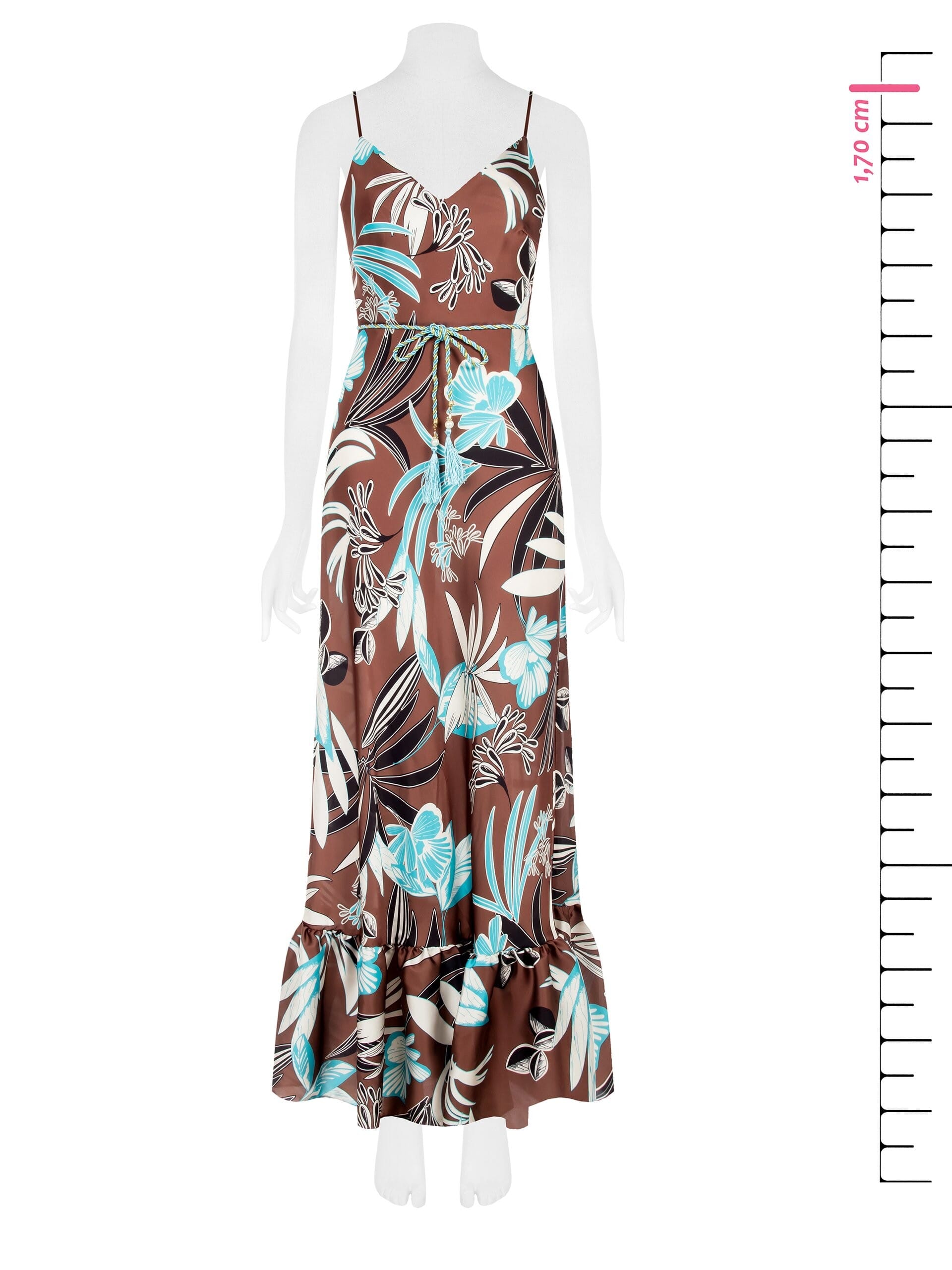 Flower Satin Maxi Dress With Ruffle Bottom And Rope Belt Matching Rinascimento