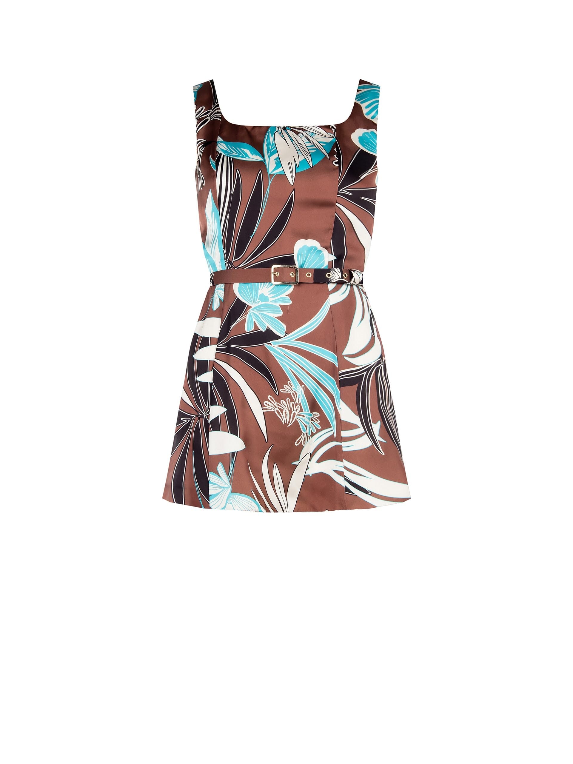 Long Flower Satin Top With Side Slit And Coordinated Rigid Belt Rinascimento