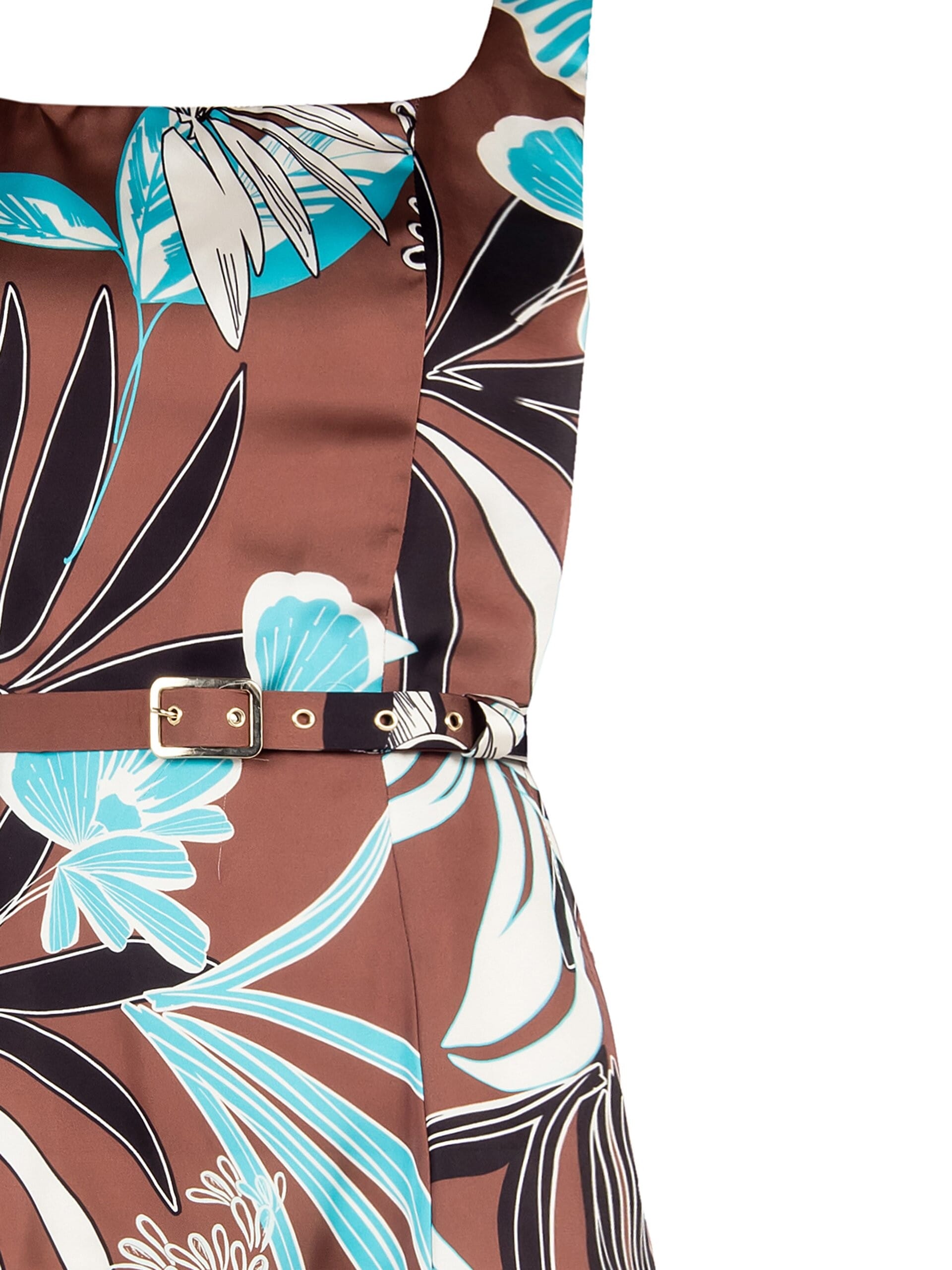 Long Flower Satin Top With Side Slit And Coordinated Rigid Belt Rinascimento