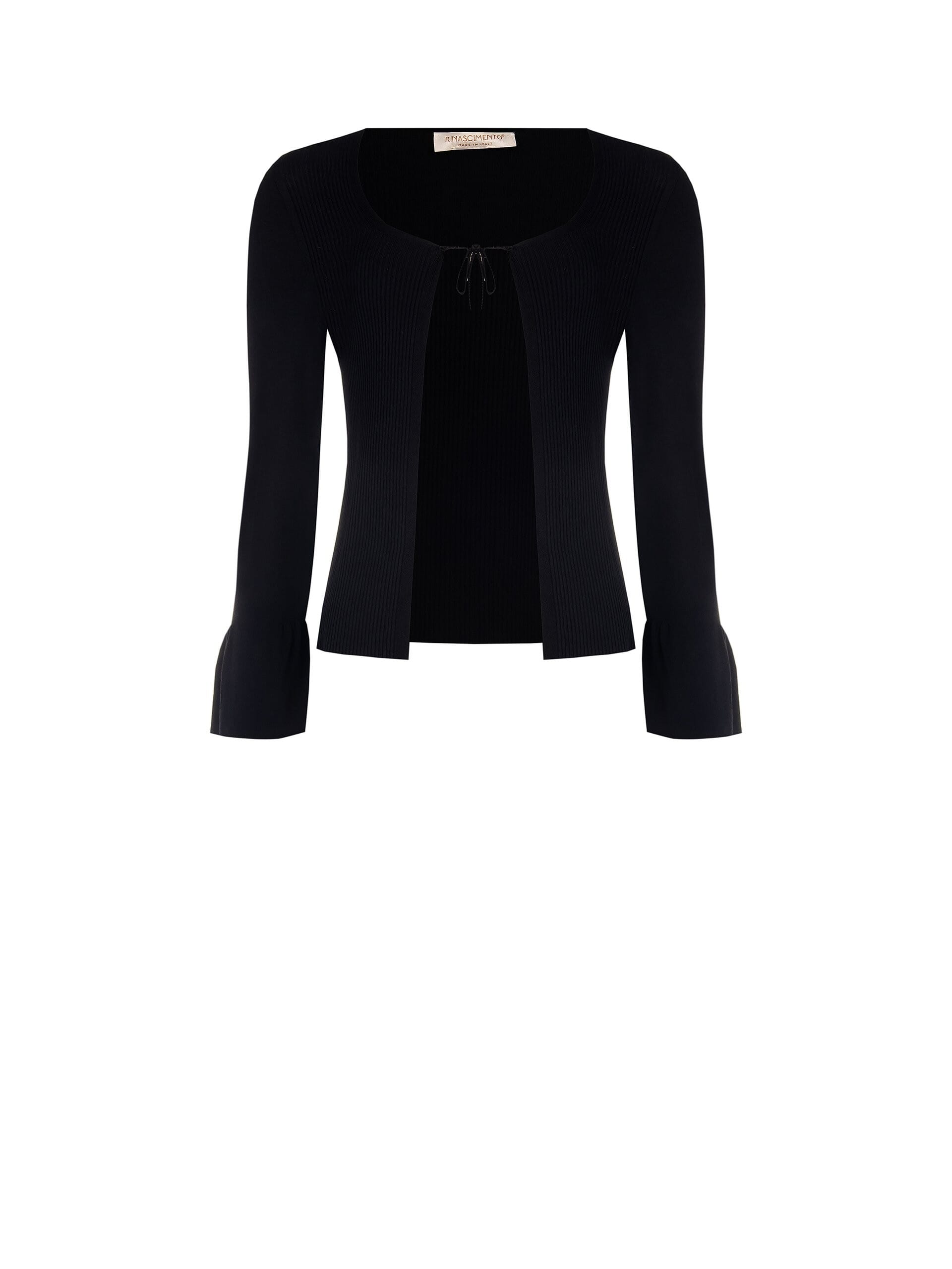 Short Cardigan in Ribbed Knit with Tie Fastening and Flared Sleeves Rinascimento