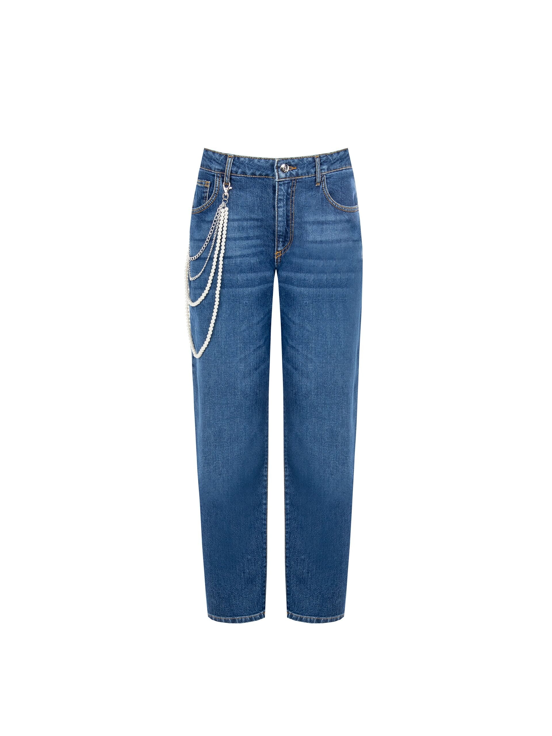 Straight Jeans With Removable Pearl Chain Rinascimento