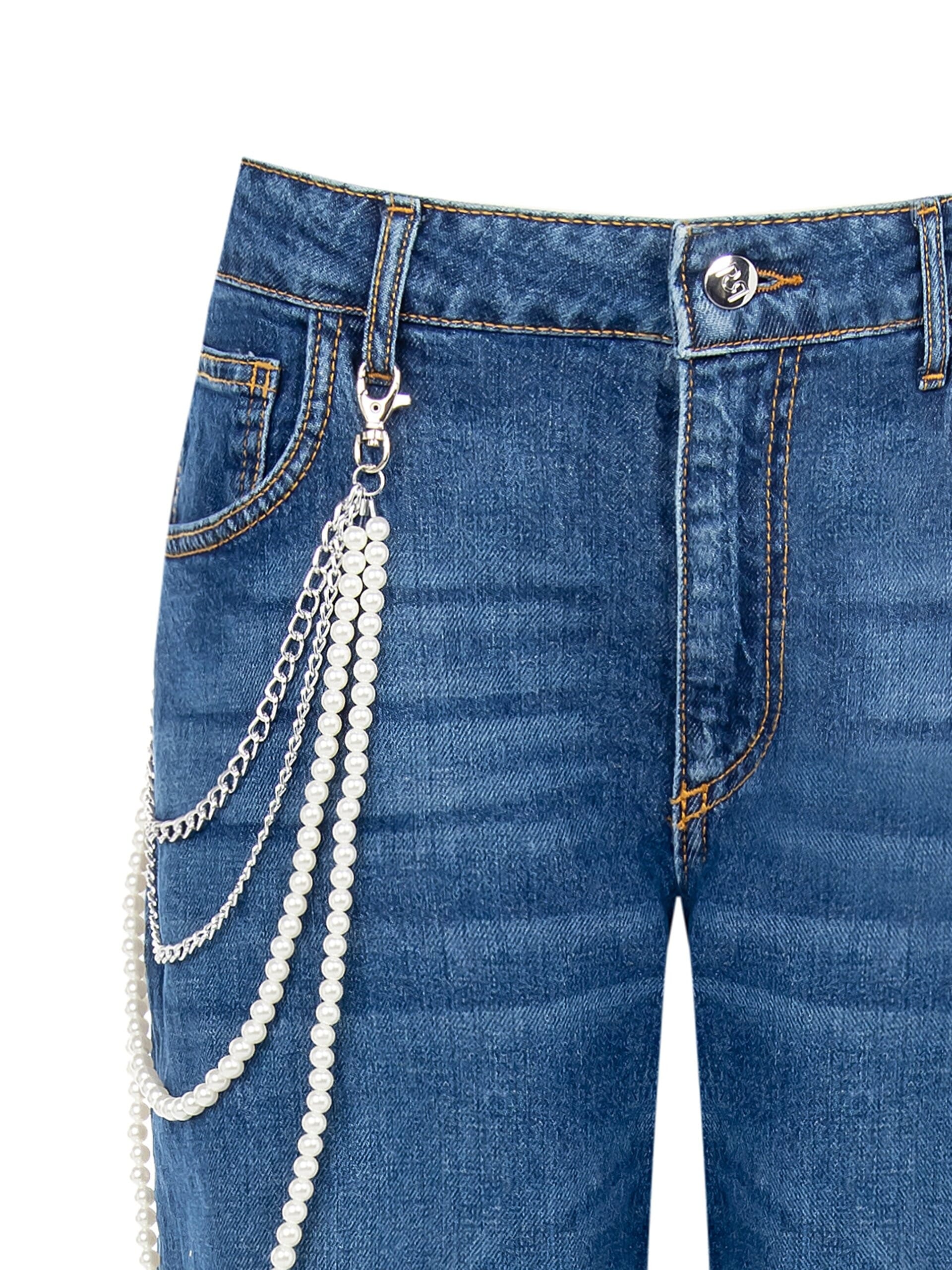 Straight Jeans With Removable Pearl Chain Rinascimento
