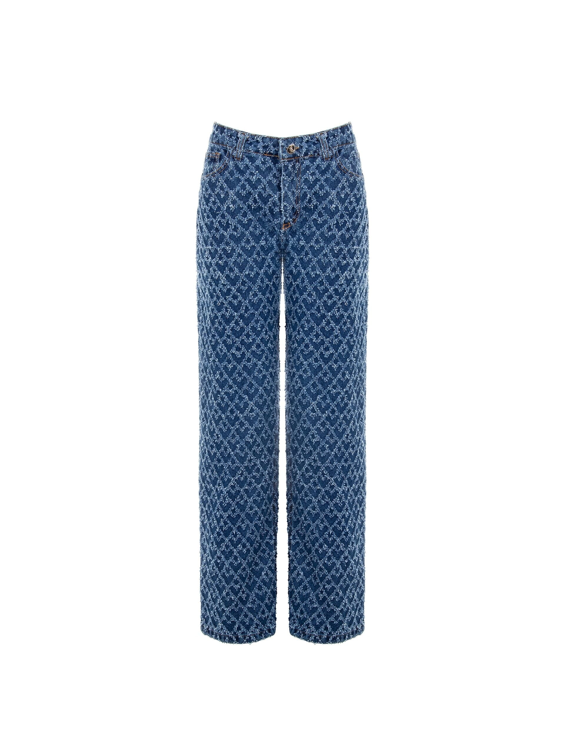 Wide Leg Jeans Frayed Rhombus Pattern Rinascimento