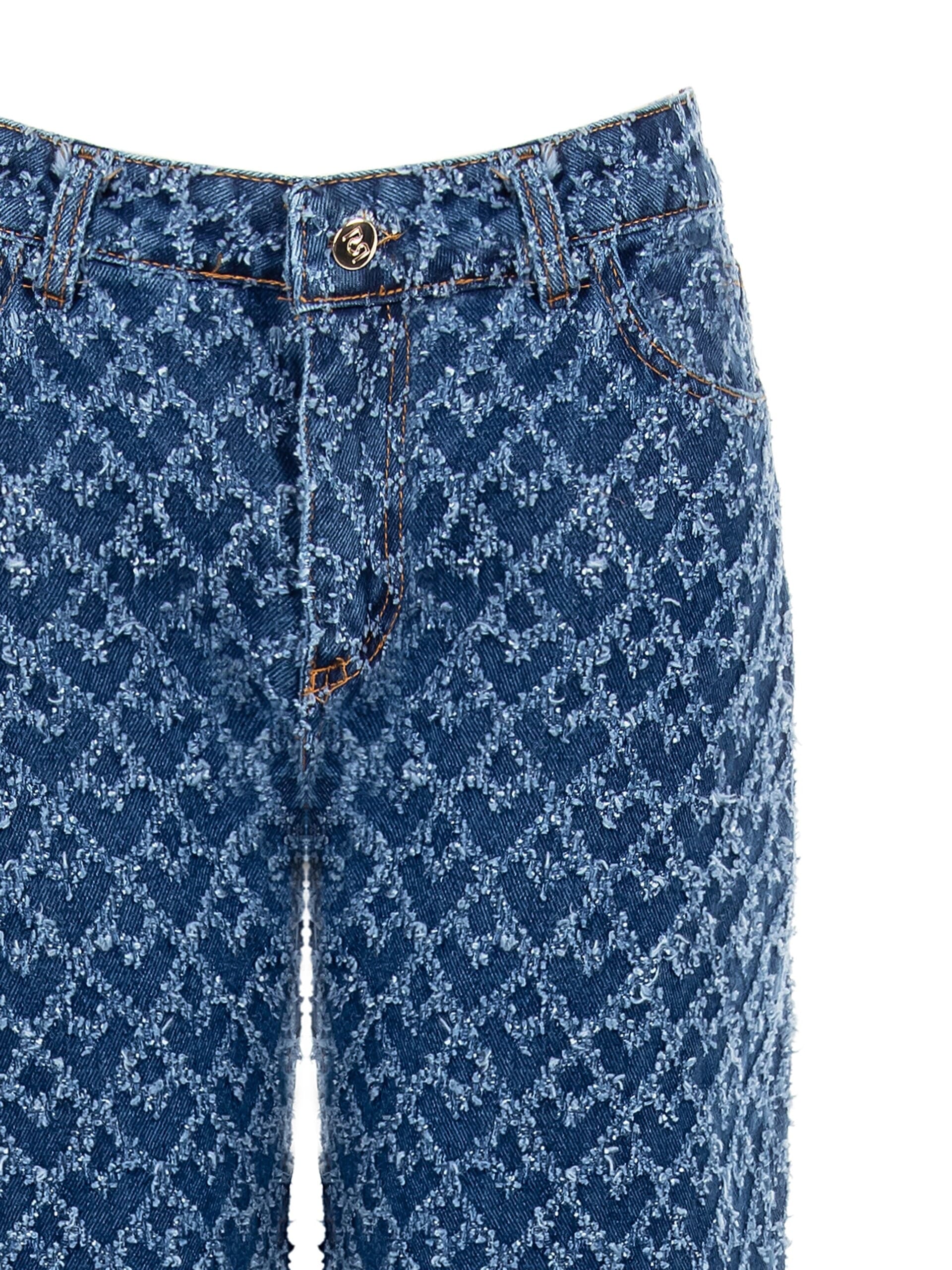 Wide Leg Jeans Frayed Rhombus Pattern Rinascimento