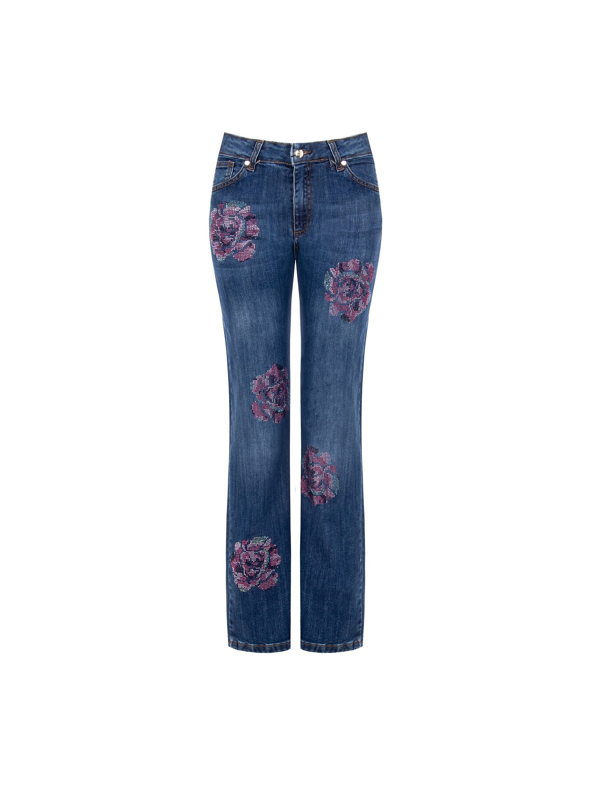 Jeans Straight Elasticizzati Con Fiori In Strass Applicati Rinascimento
