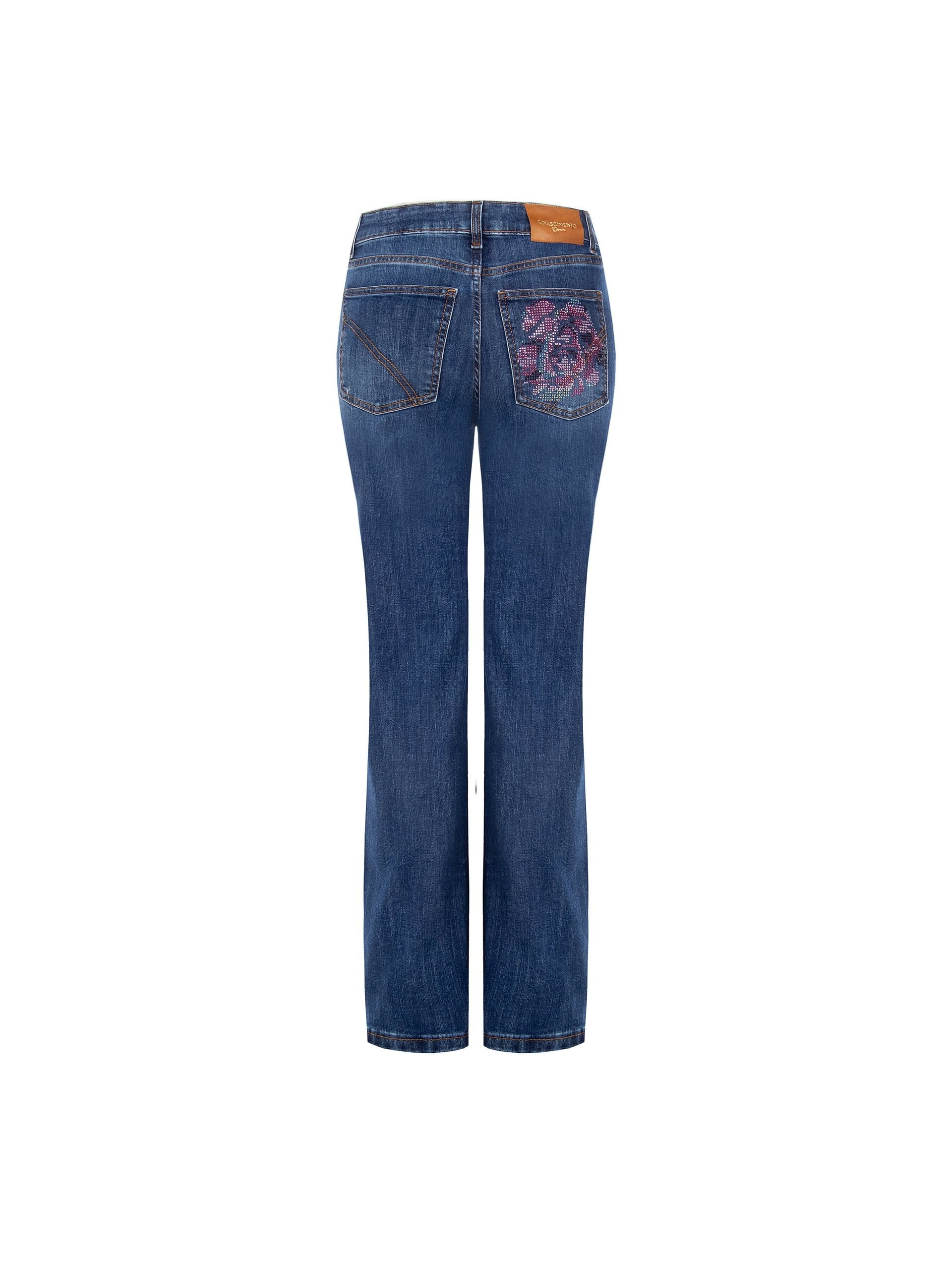Jeans Straight Elasticizzati Con Fiori In Strass Applicati Rinascimento