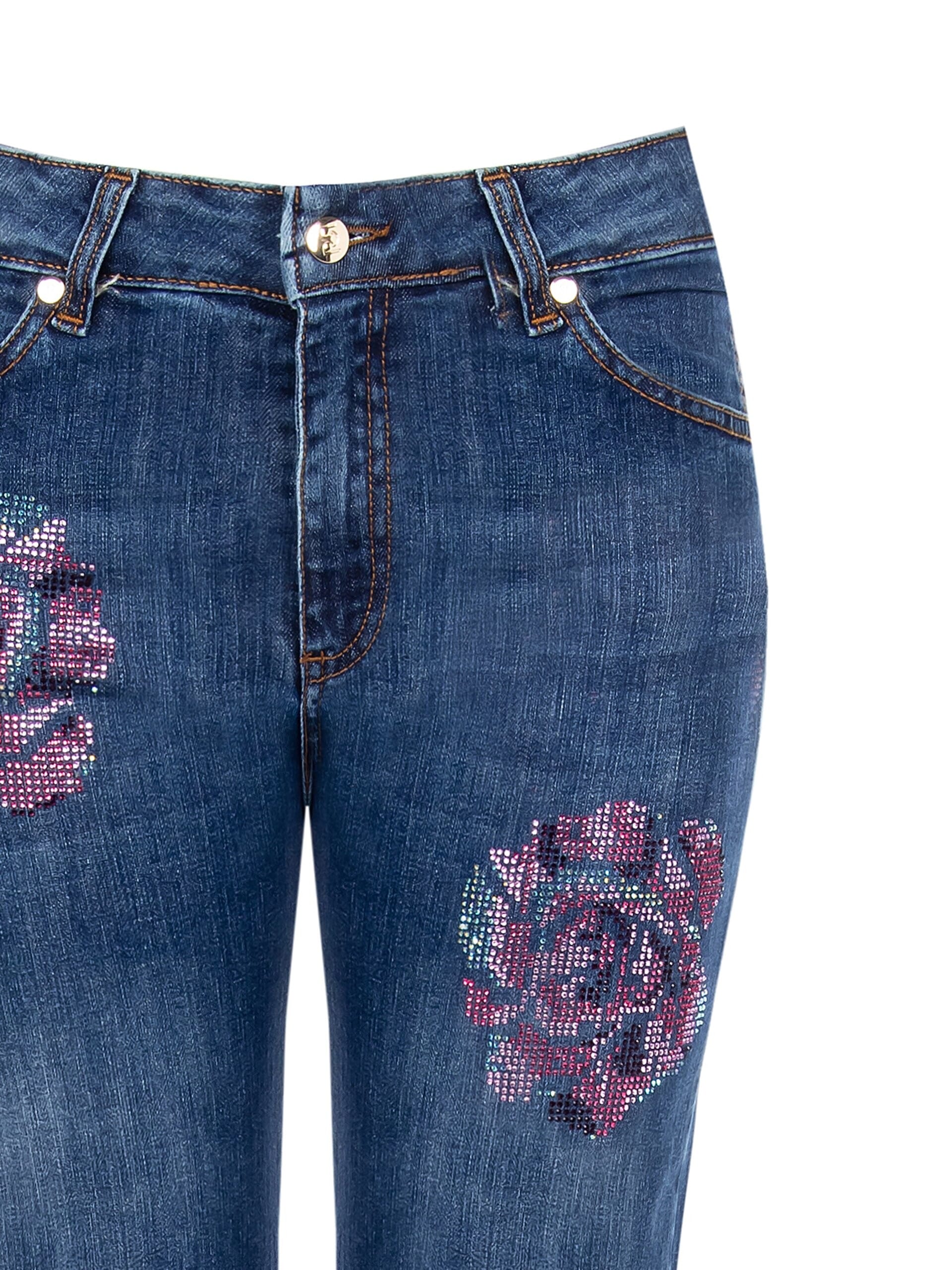 Jeans Straight Elasticizzati Con Fiori In Strass Applicati Rinascimento