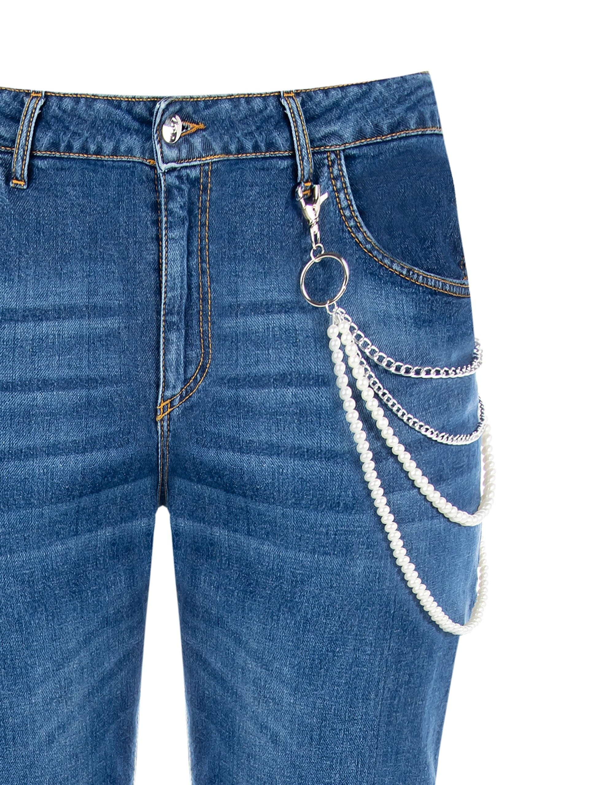 Rinascimento Curvy Straight Jeans With Removable Pearl Chain