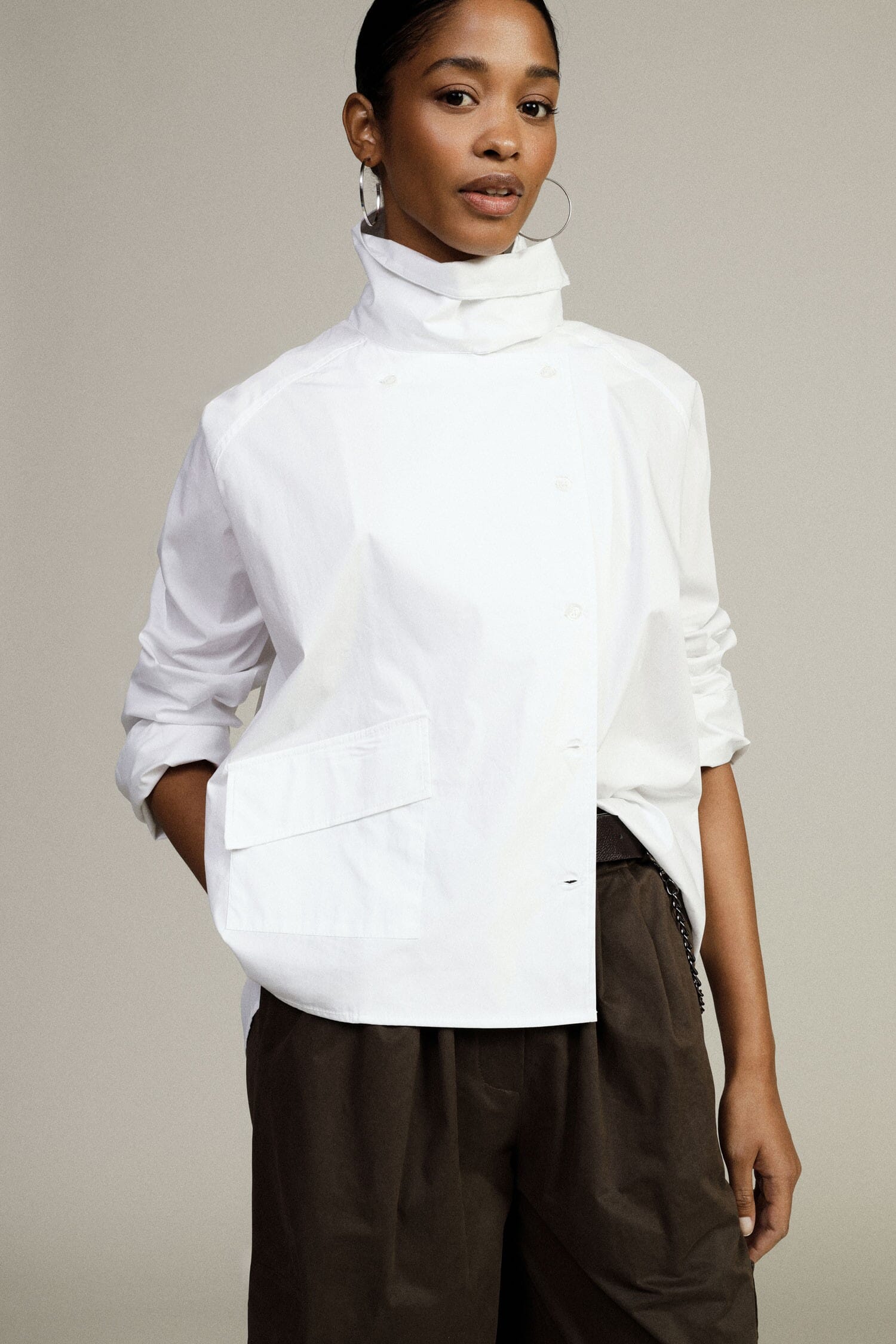 Wide Shirt With Asymmetrical High Collar And Dixie Pocket