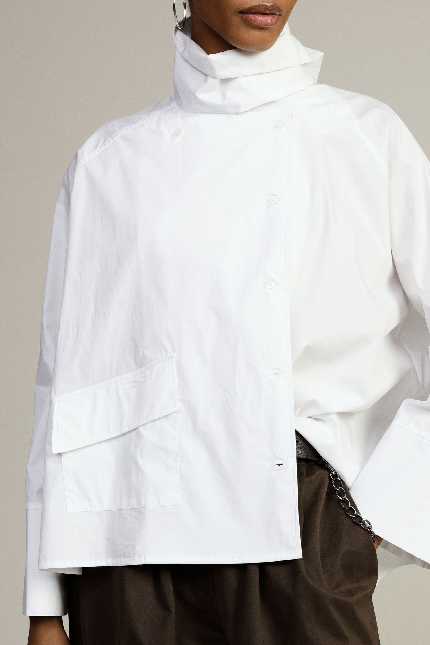 Wide Shirt With Asymmetrical High Collar And Dixie Pocket