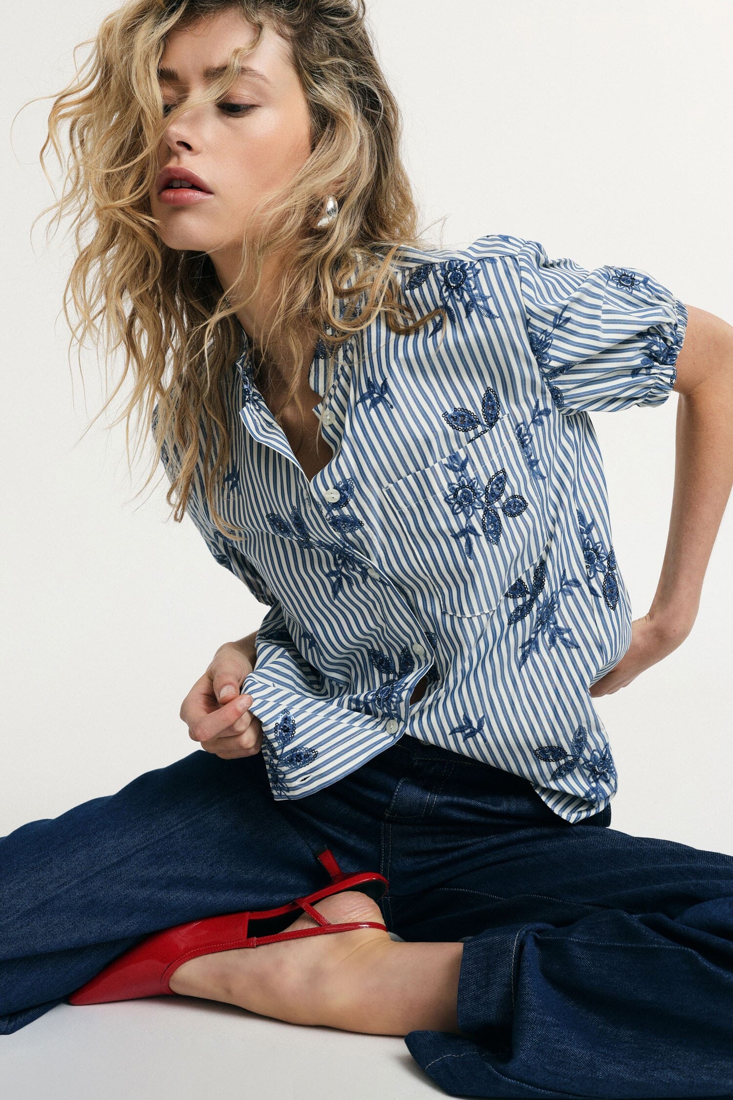 Striped Shirt With Curly Short Sleeves Please