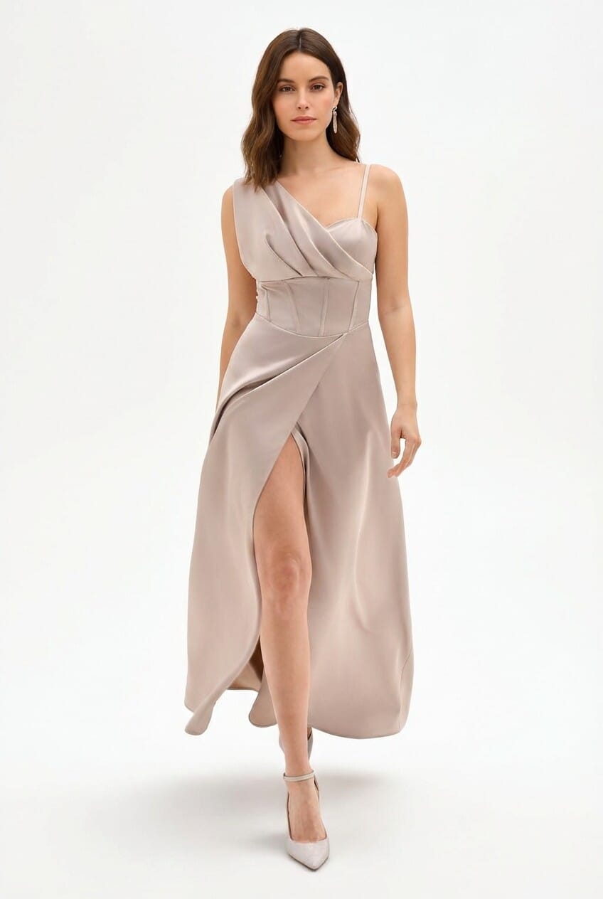 Long Satin Bustier Dress With Draped Sleeve Rinascimento
