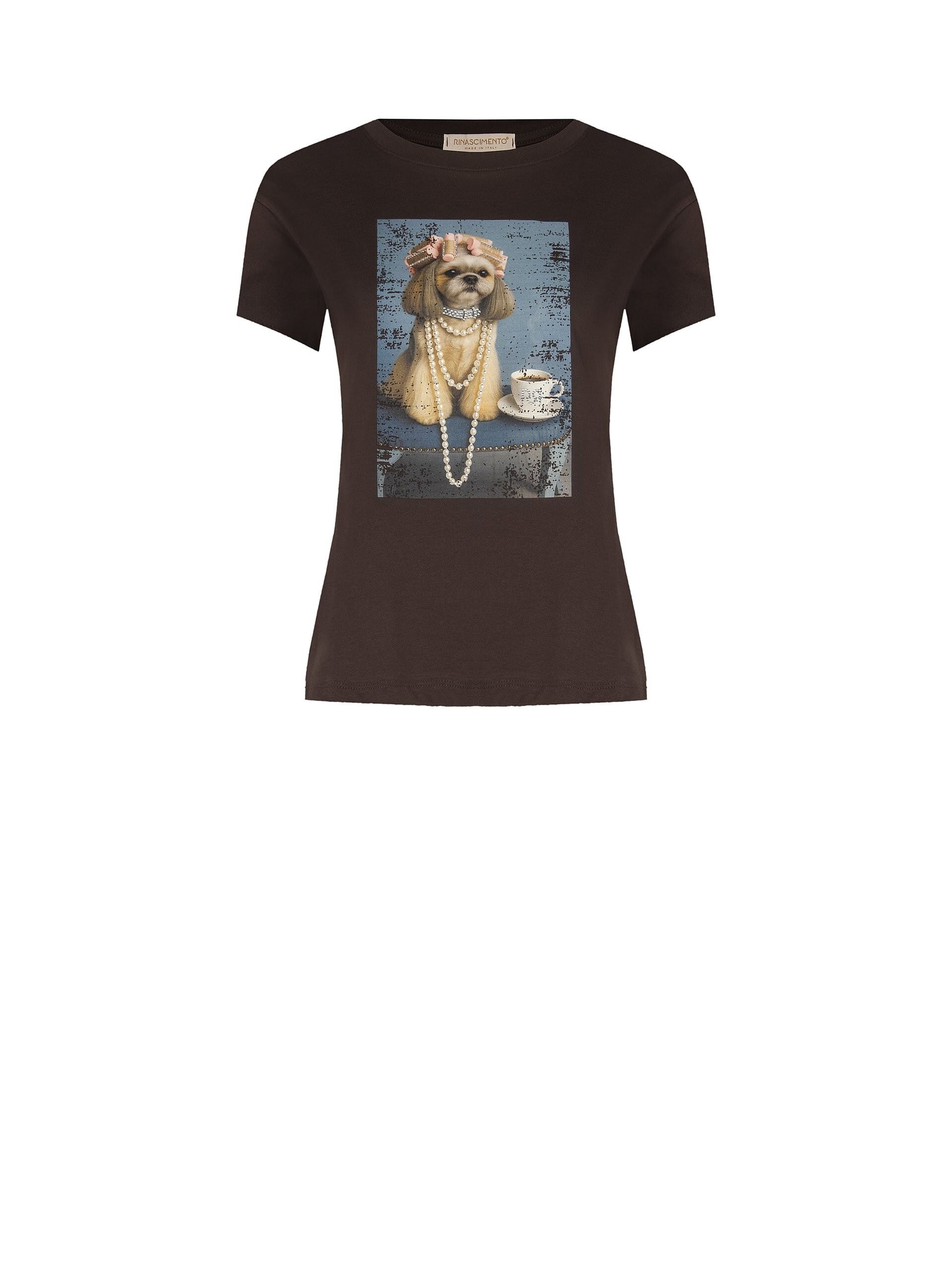 Regular Cotton T-Shirt With Dog Print And Rhinestone Rinascimento